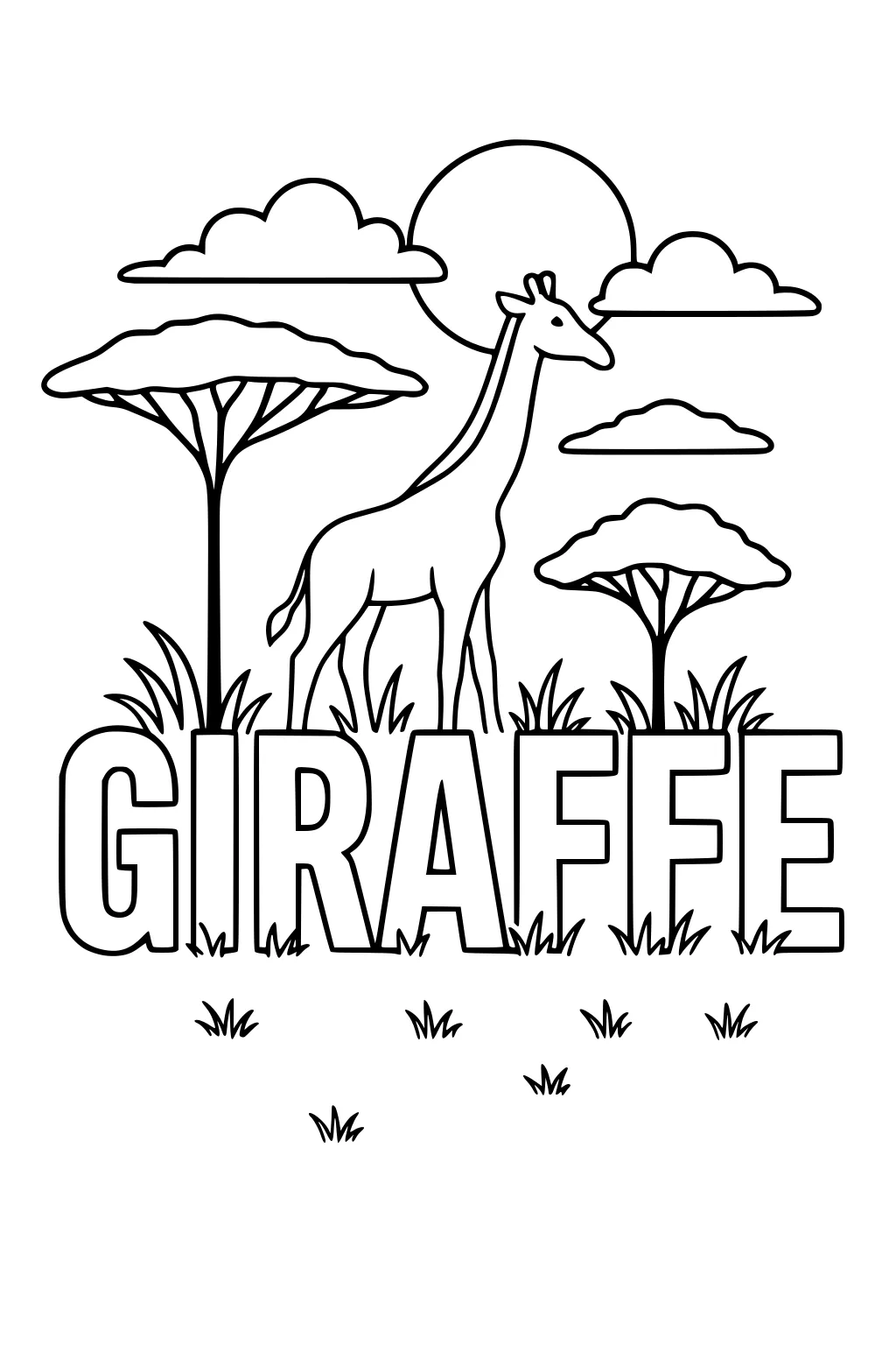 Tall giraffe walking on grass with trees, big sun, clouds, and the word GIRAFFE in large letters.