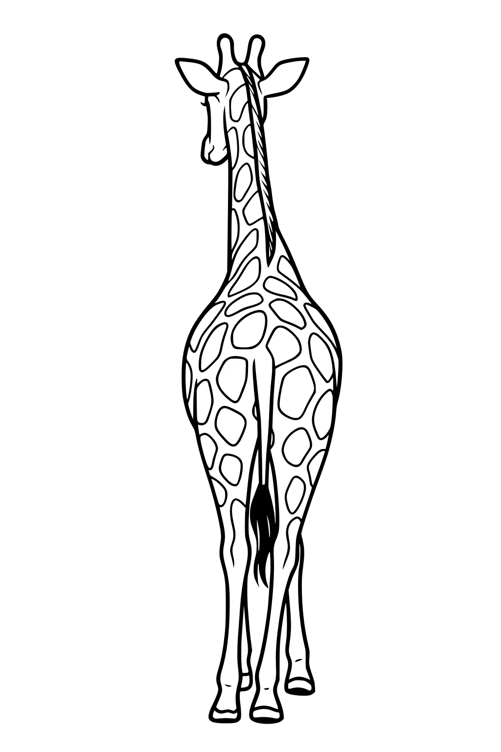 Giraffe seen from behind, neck and legs stretched, covered in large spots, tail and ears visible.