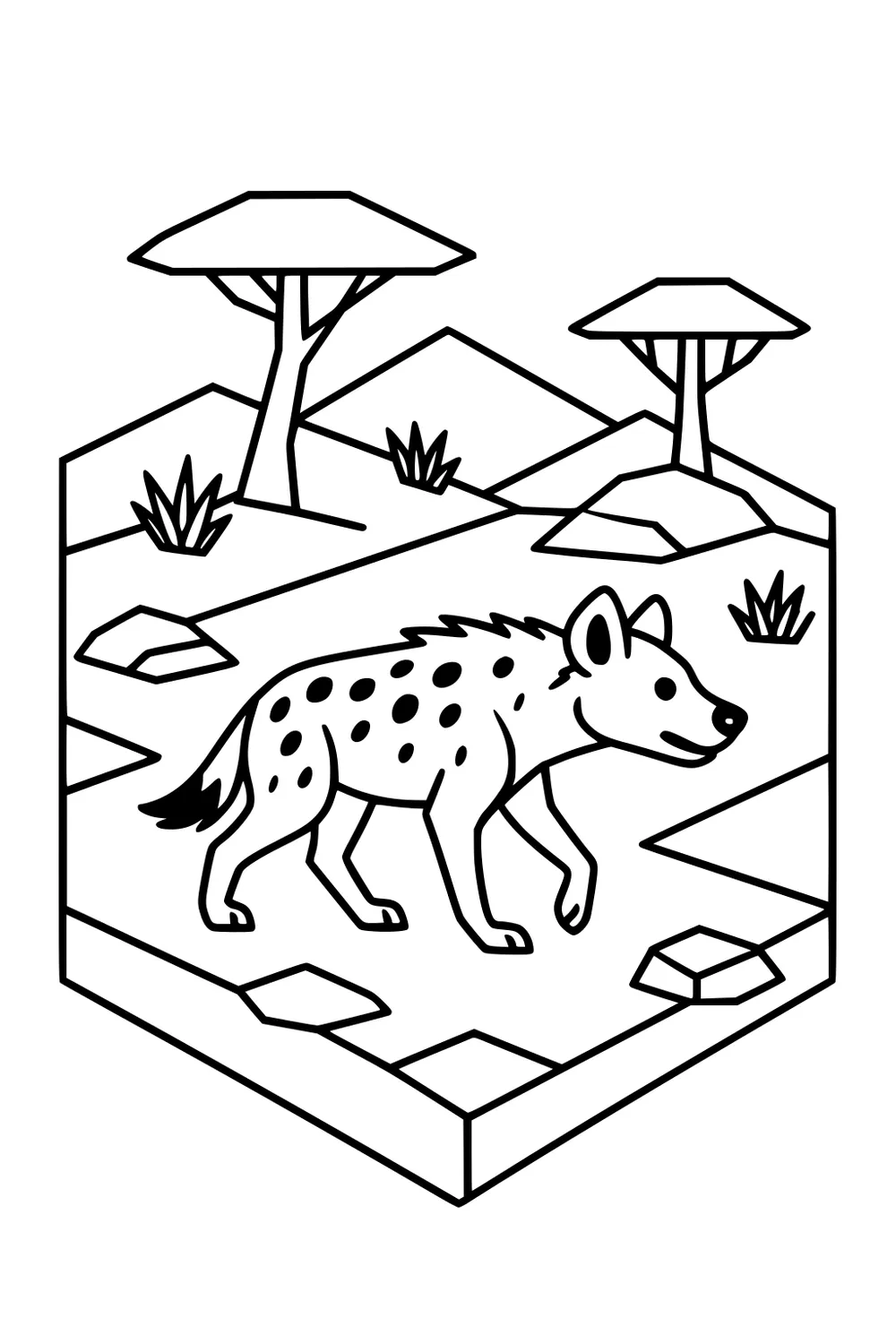 Spotted hyena walking on plain with two trees, rocks, and grass tufts in a simple savanna scene.