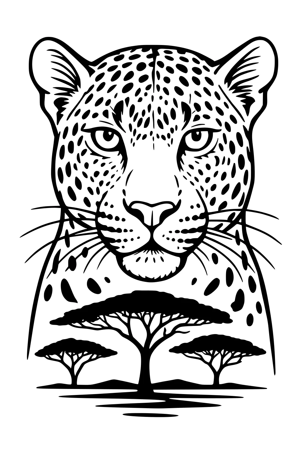 Leopard face with dark spots, tall ears, and three acacia trees beneath on a grassy plain