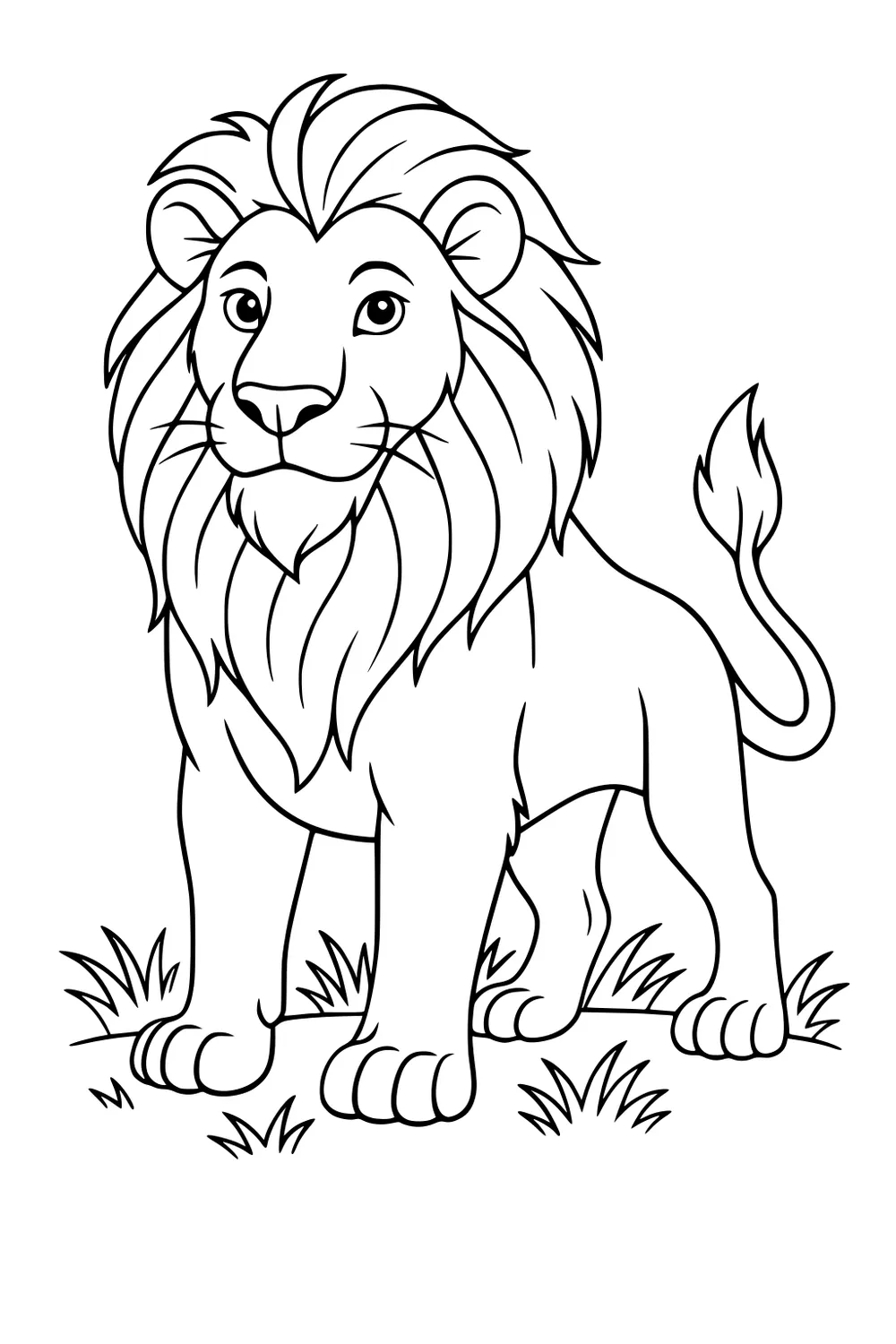 A cartoon lion with a big mane stands on grass, facing forward with a gentle expression and curved tail.