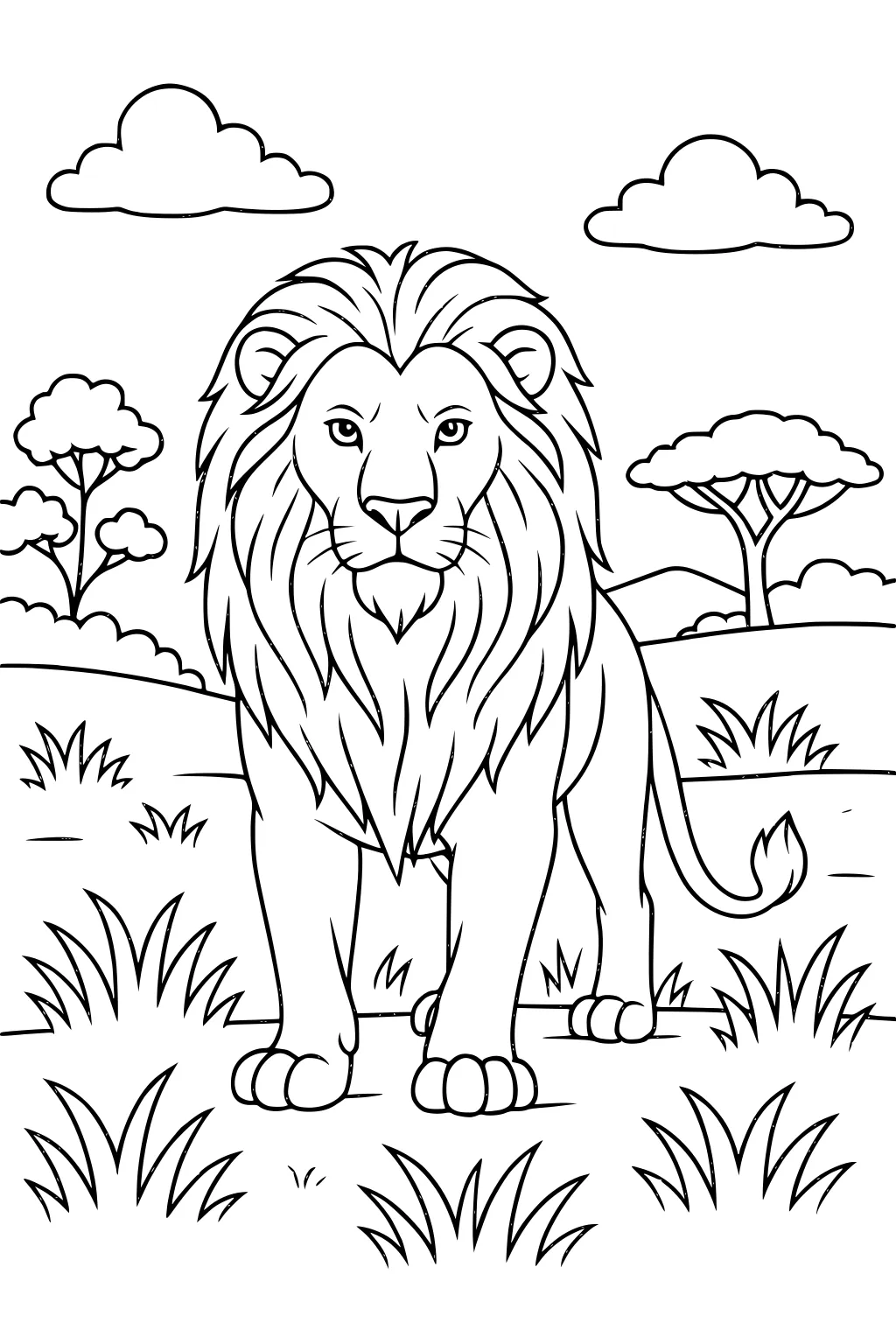 Lion with thick mane standing in grass with savanna trees and clouds in the background.