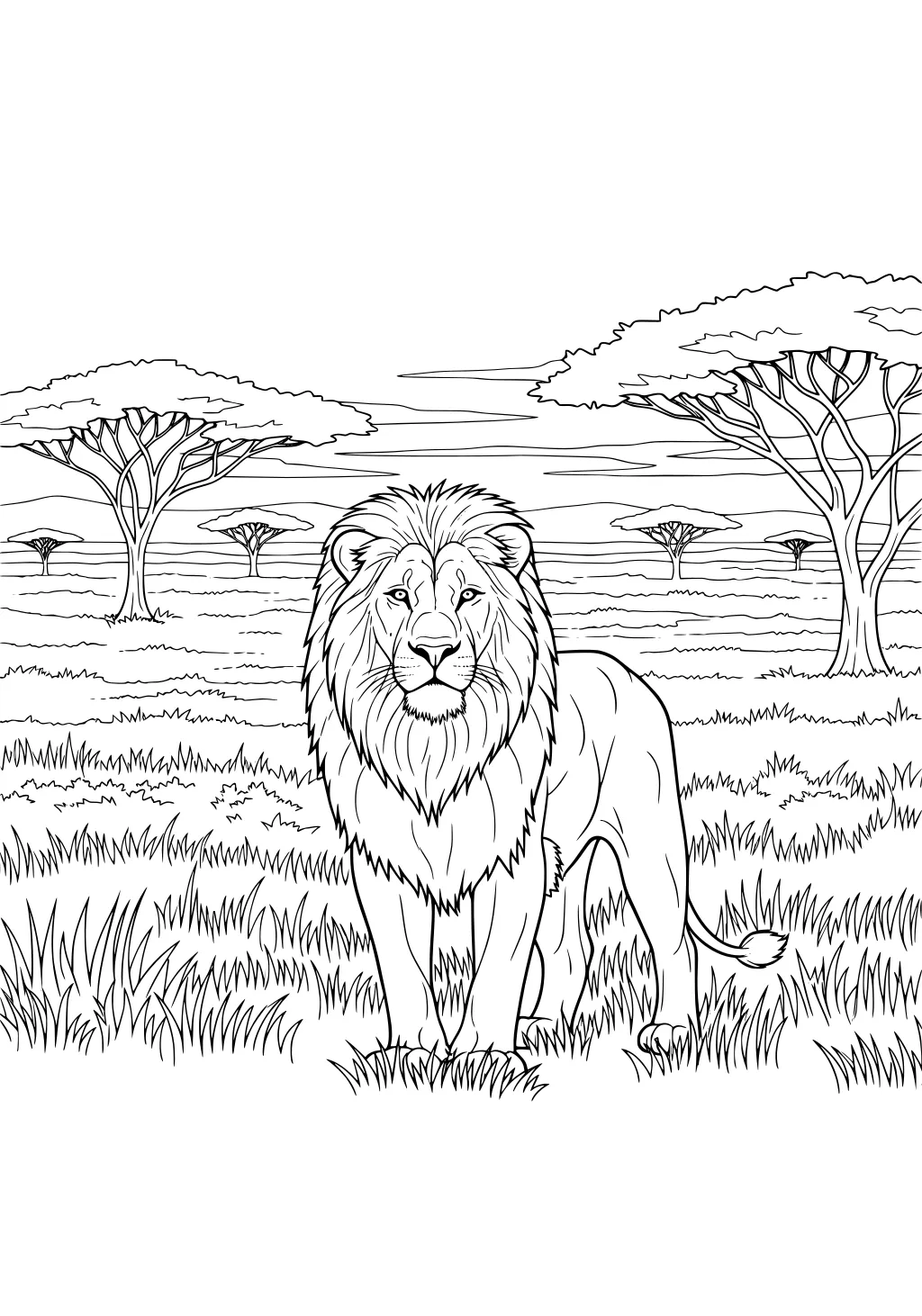 Male lion with full mane standing in tall grass, acacia trees and open savannah in background.