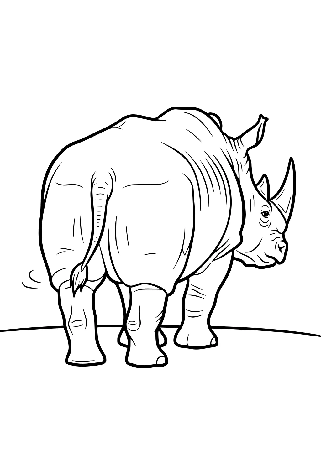 Rhinoceros from behind with a swishy tail, thick legs, and head turned sideways.