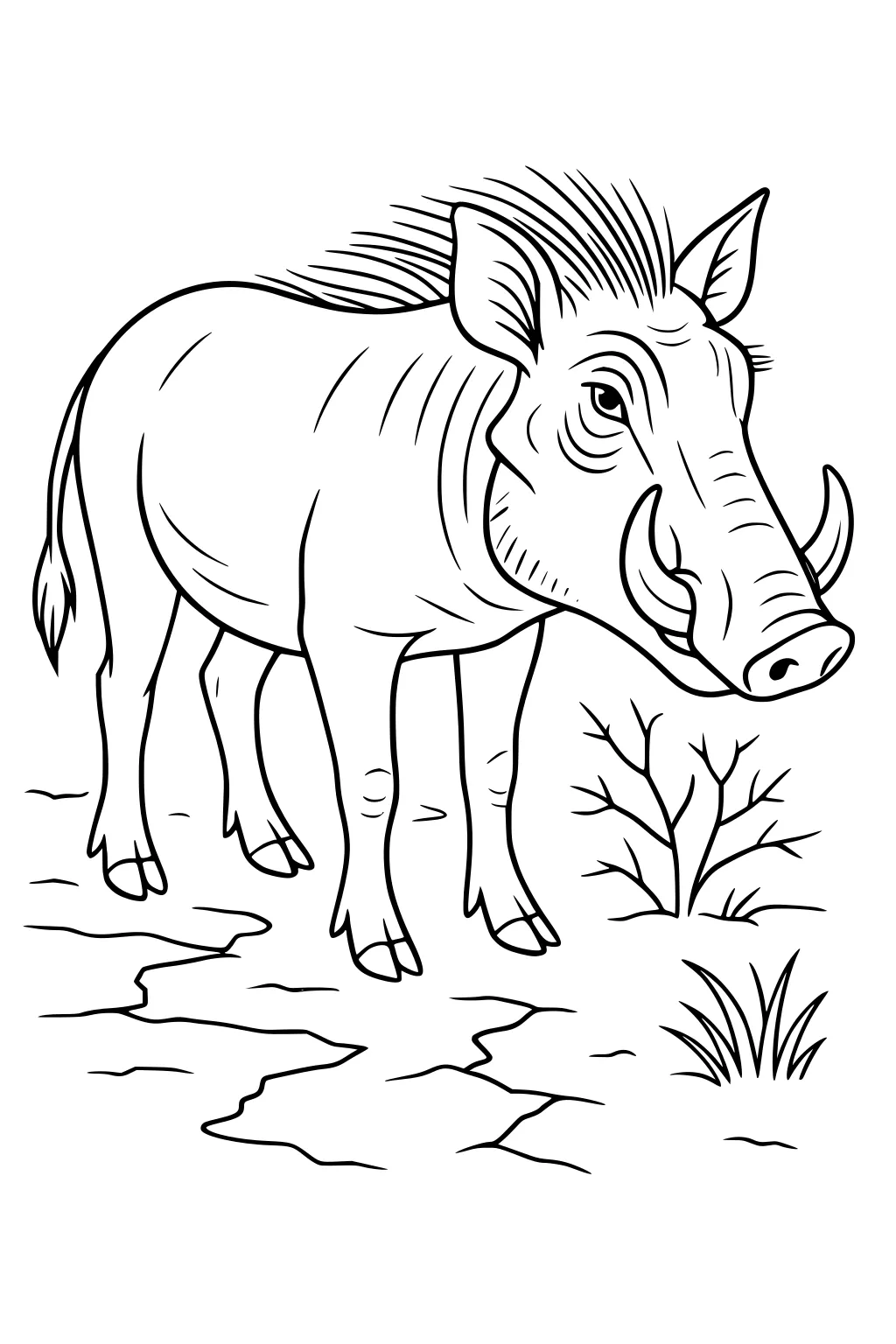 Warthog with tusks and bristly mane standing on cracked earth near a bush and clump of grass.