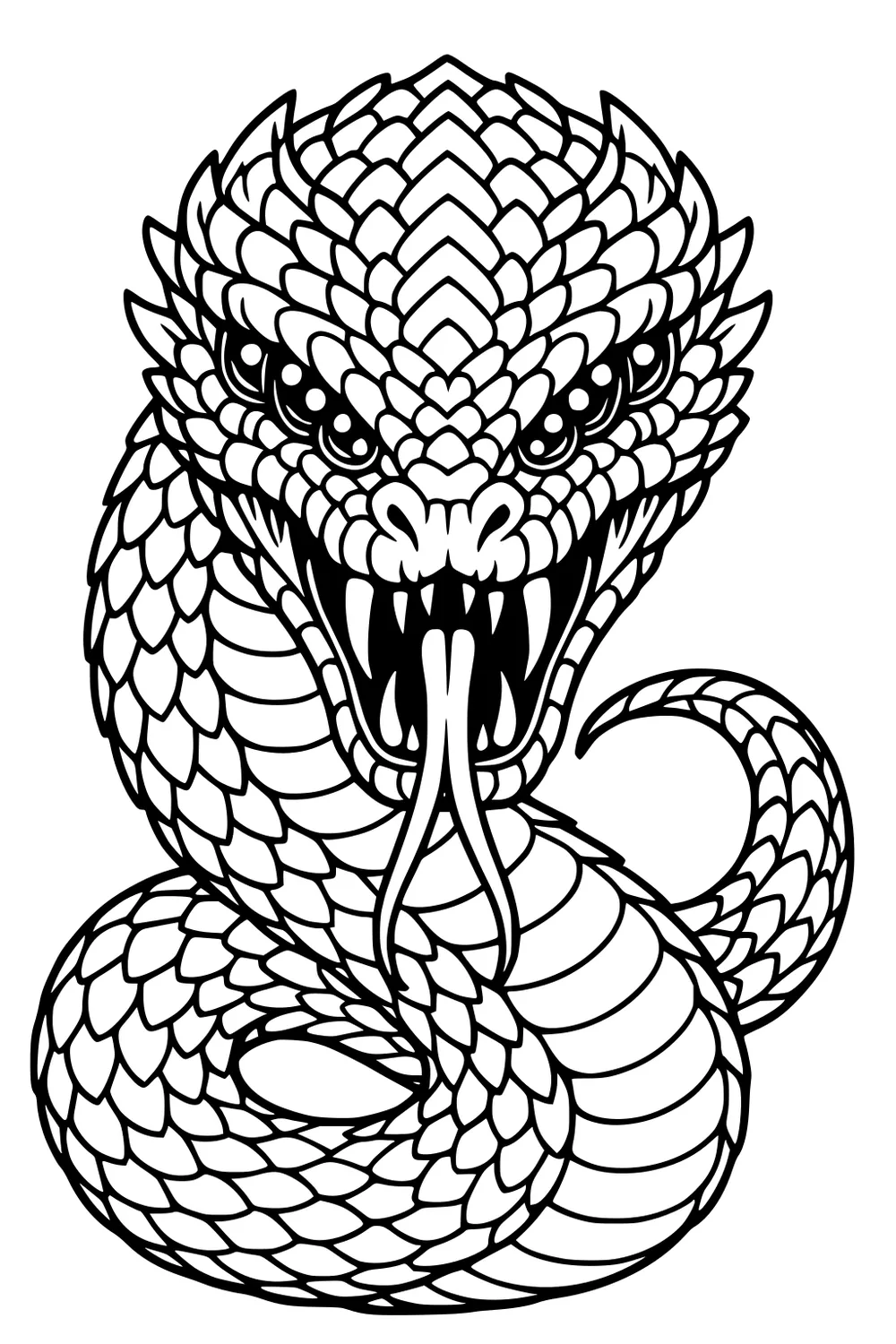 Coiled serpent monster with detailed scales, open mouth, sharp fangs, and a long forked tongue; large eyes; tail curled.