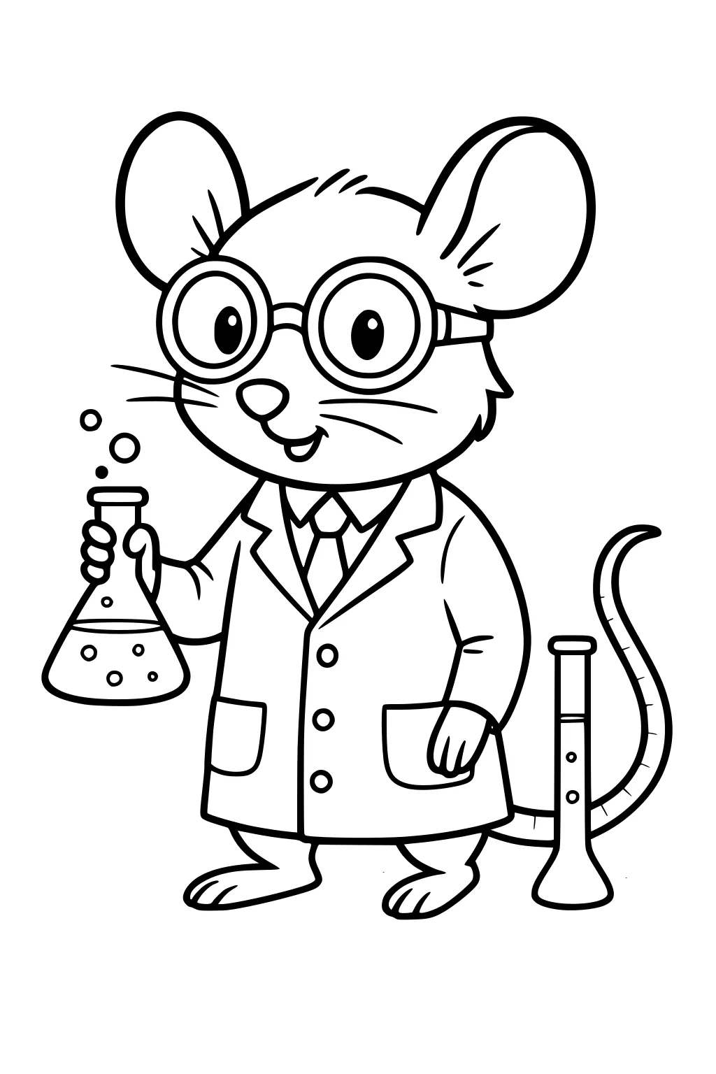 Cartoon mouse in glasses and lab coat holding a flask, with a test tube and bubbles nearby.