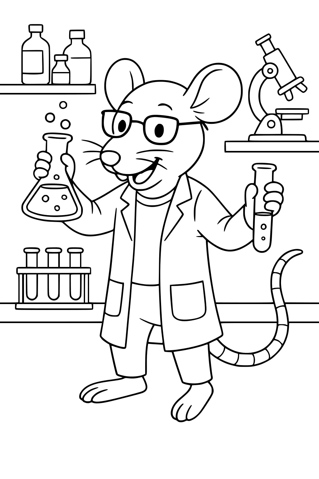 Cartoon rat in glasses and lab coat holding beaker and test tube, standing in science lab with shelves and microscope.