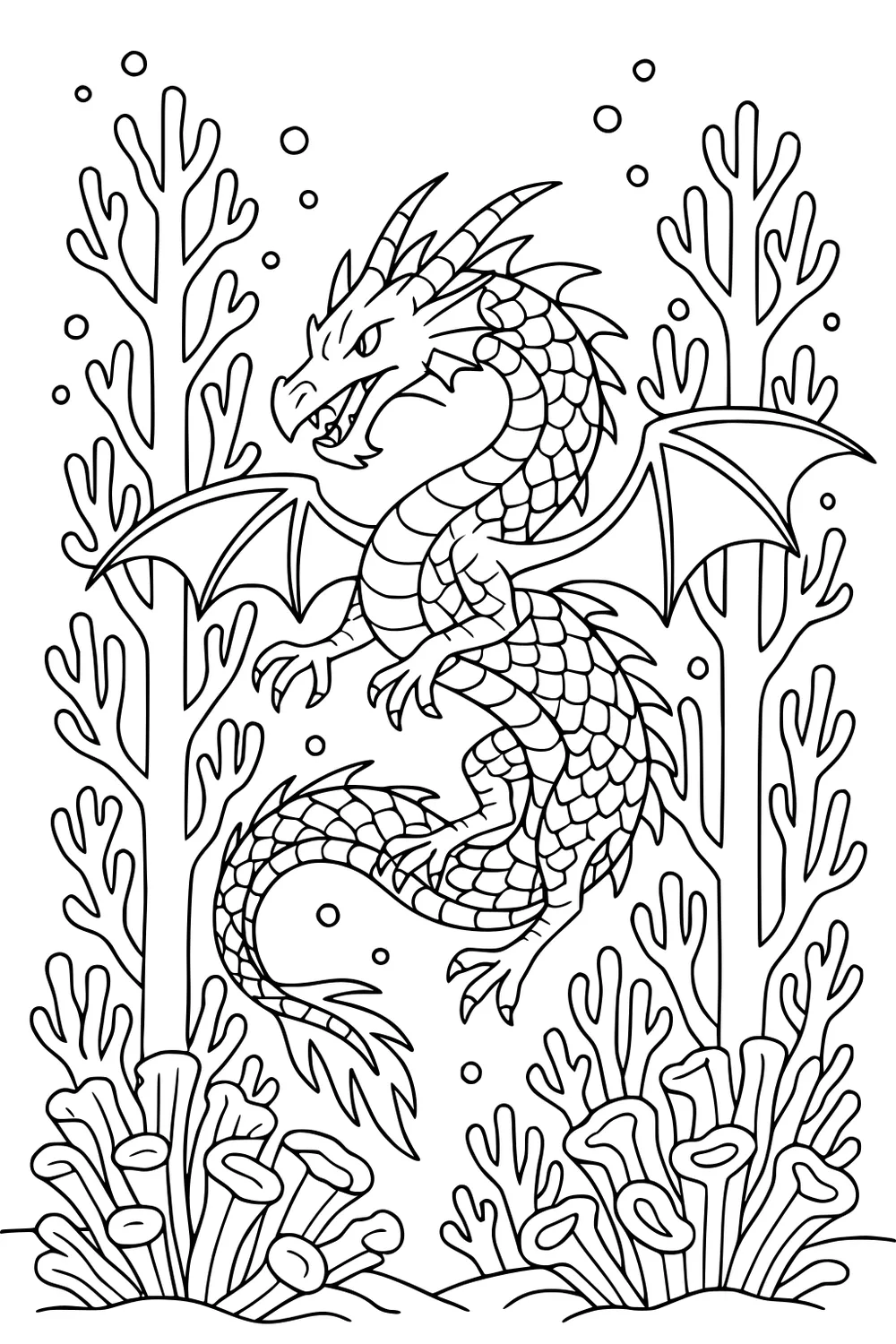 Winged sea dragon among coral and bubbles, long scaly body with horns and claws, tube sponges and tall branching coral on a sandy seafloor.