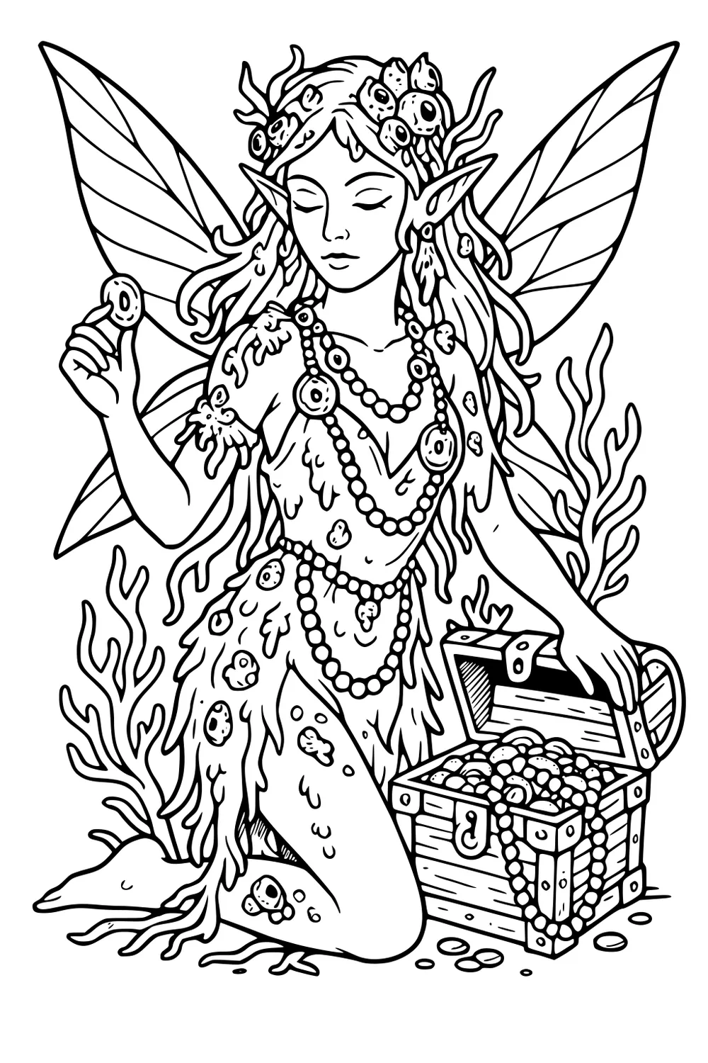 Sea fairy kneels by treasure chest, holds a coin, shell beads and striped wings, seaweed around, coins spilling.