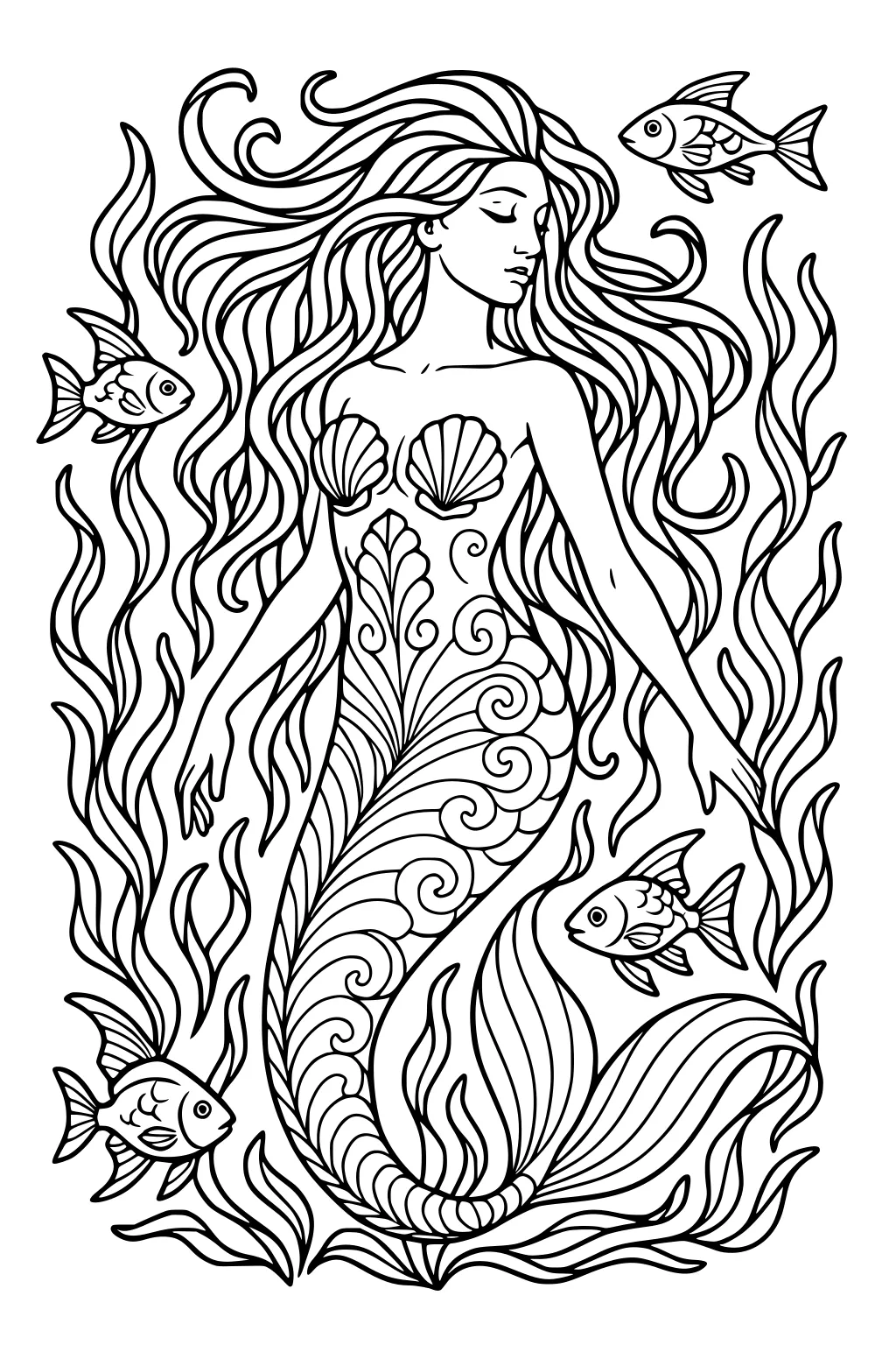 Mermaid with long hair, shell top, ornate tail, four fish, and waving seaweed in an underwater scene.