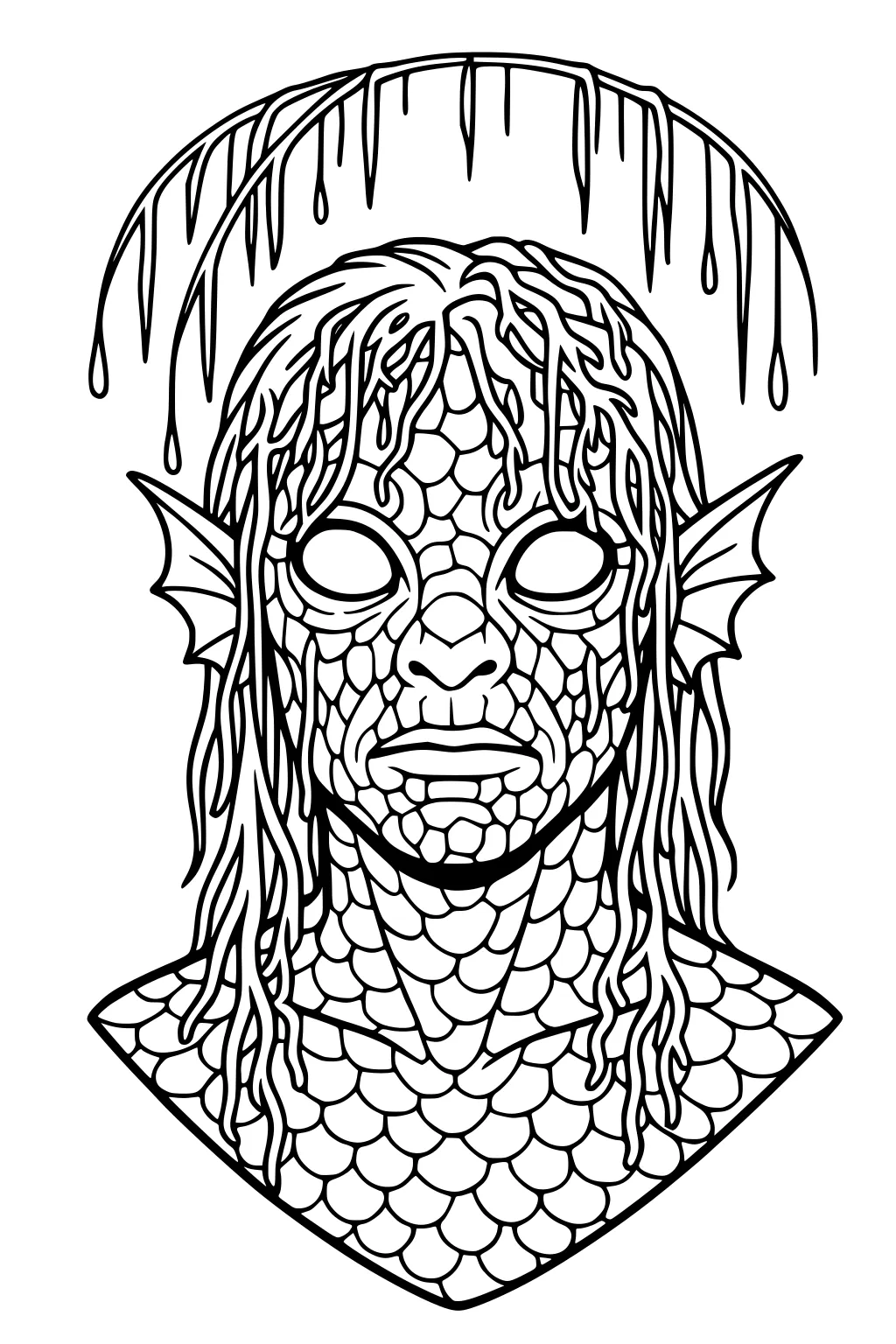 Bust of scaly sea monster with fin ears, round blank eyes, seaweed hair, and a dripping kelp arch overhead, line drawing.