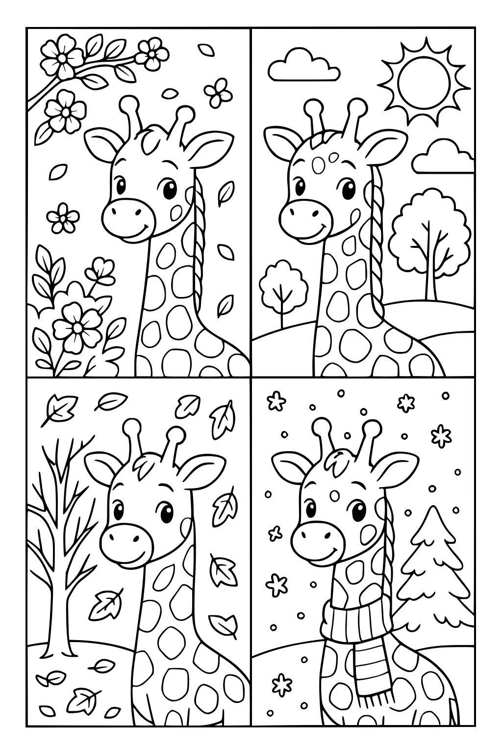Giraffe in four panels for each season: spring flowers, summer sun, autumn leaves, winter snow and scarf.