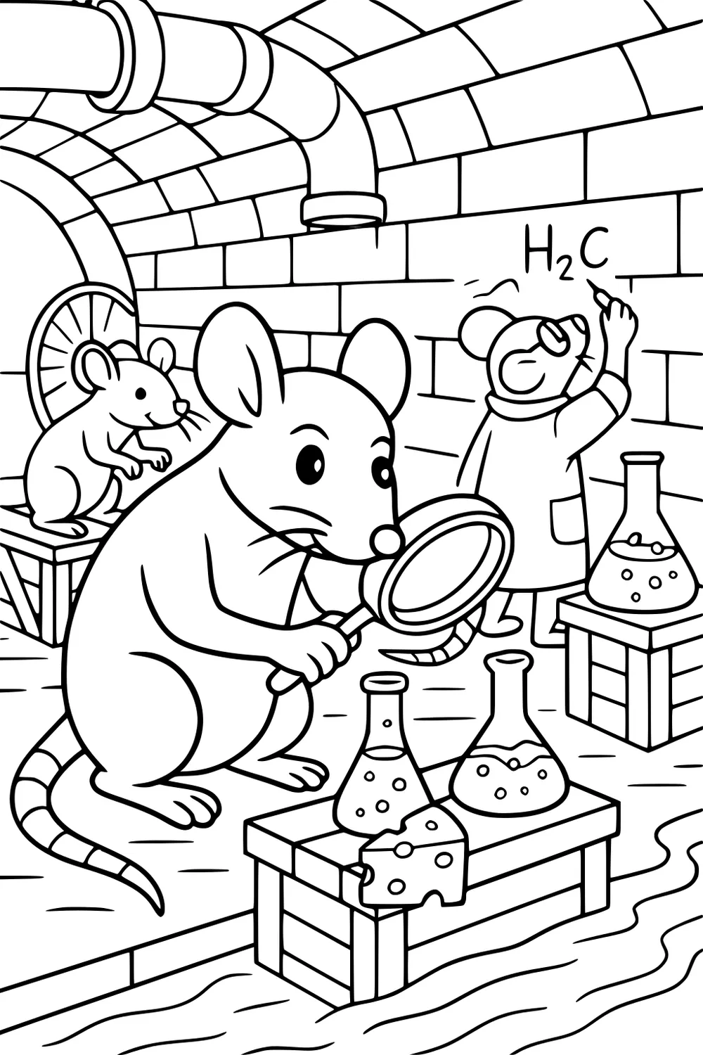 Three rats in a science lab with beakers, cheese, a running wheel, and brick walls; one rat writes H2C on the wall.