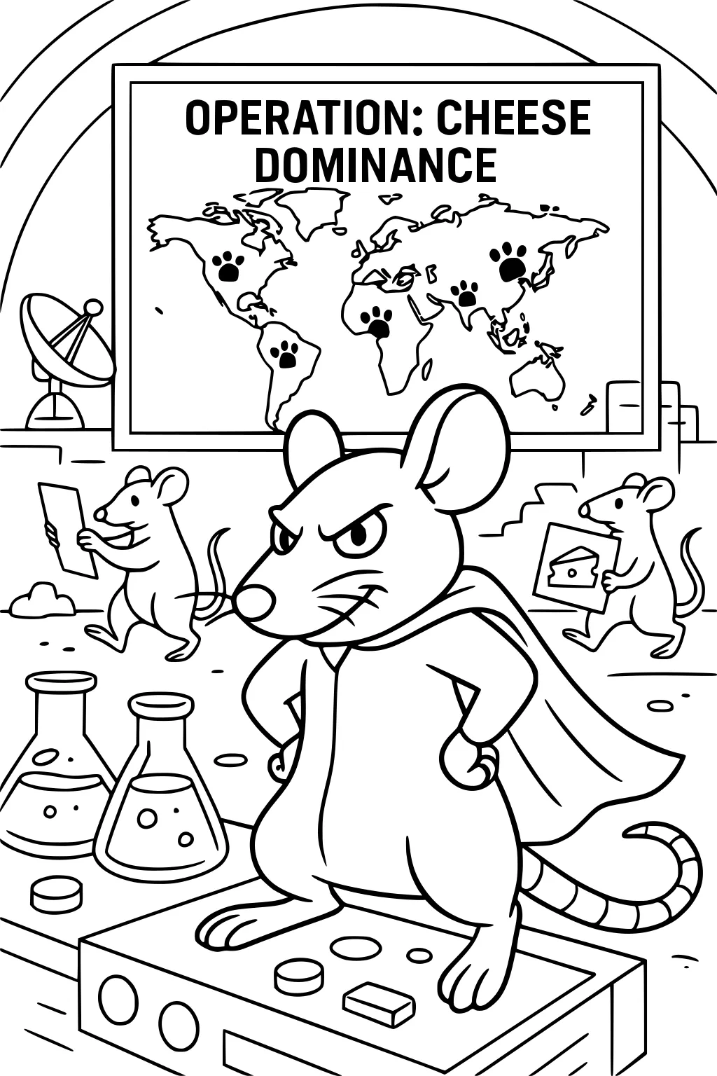 Cartoon rat in cape leads a cheesy secret plan in a lab with world map, science flasks, and two helper rats.