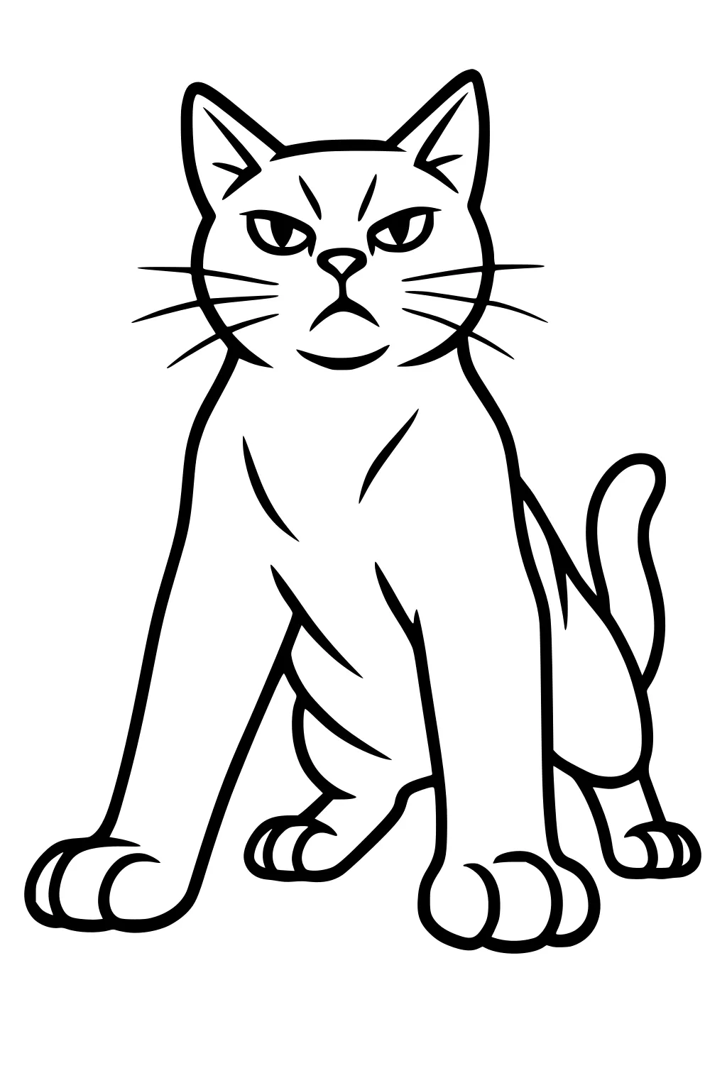 Outline of a sitting domestic cat with a stern face and curled tail, front paws forward and ears upright.