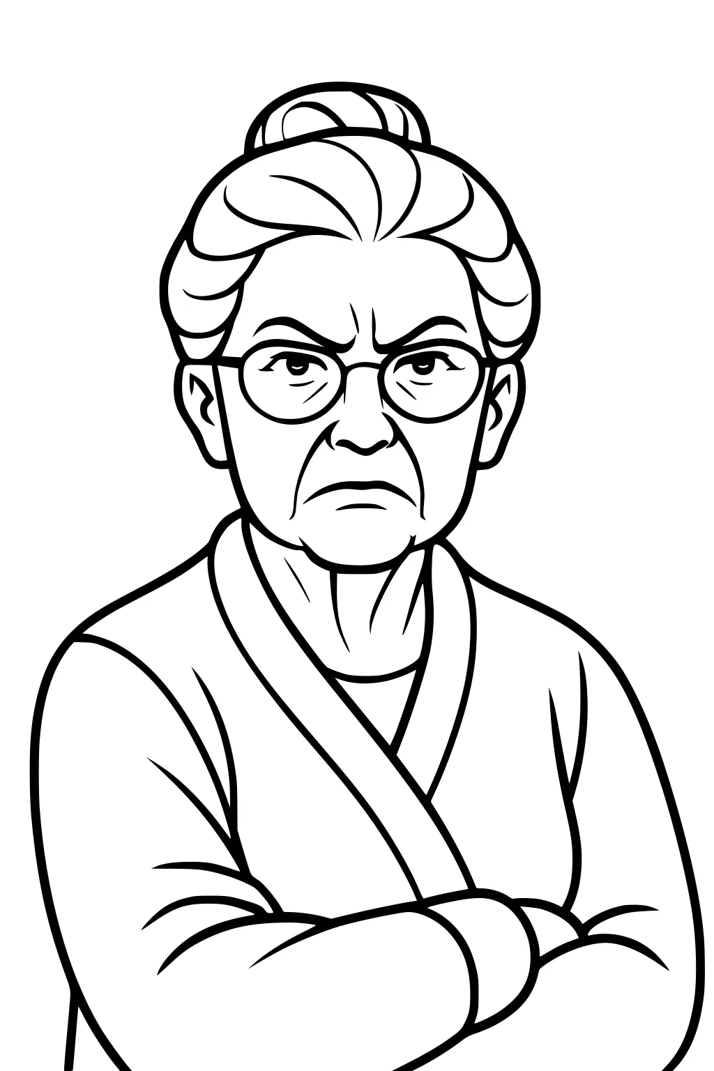 Elderly woman with glasses and hair bun crossing arms, serious face, simple line art portrait with bold outlines.