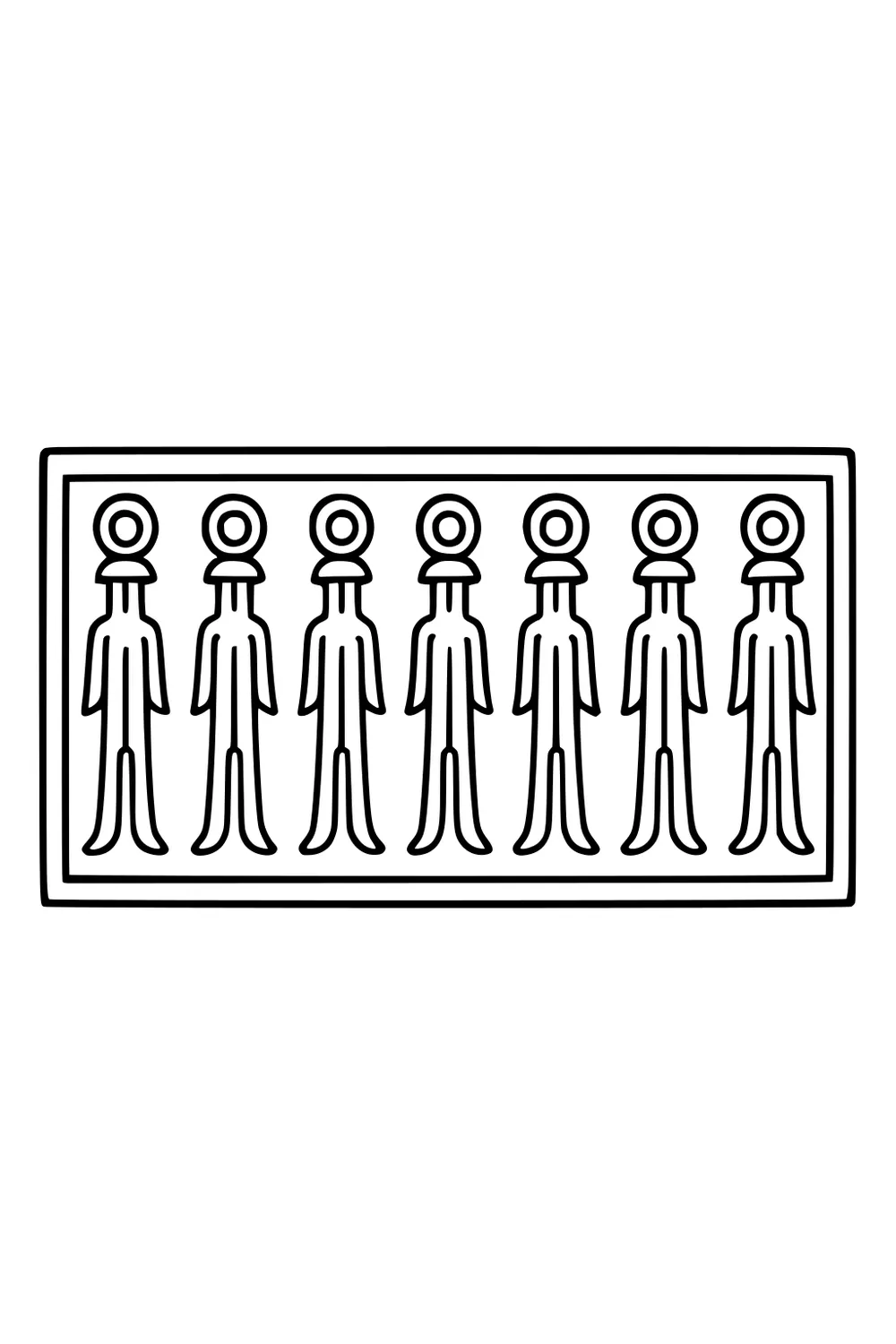 Seven simple aliens with round heads and ring eyes stand in a row inside a rectangle, bold outlines and wide spaces.