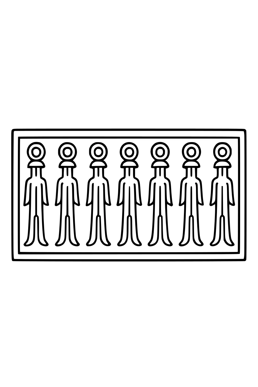 Seven simple aliens with round heads and ring eyes stand in a row inside a rectangle, bold outlines and wide spaces.