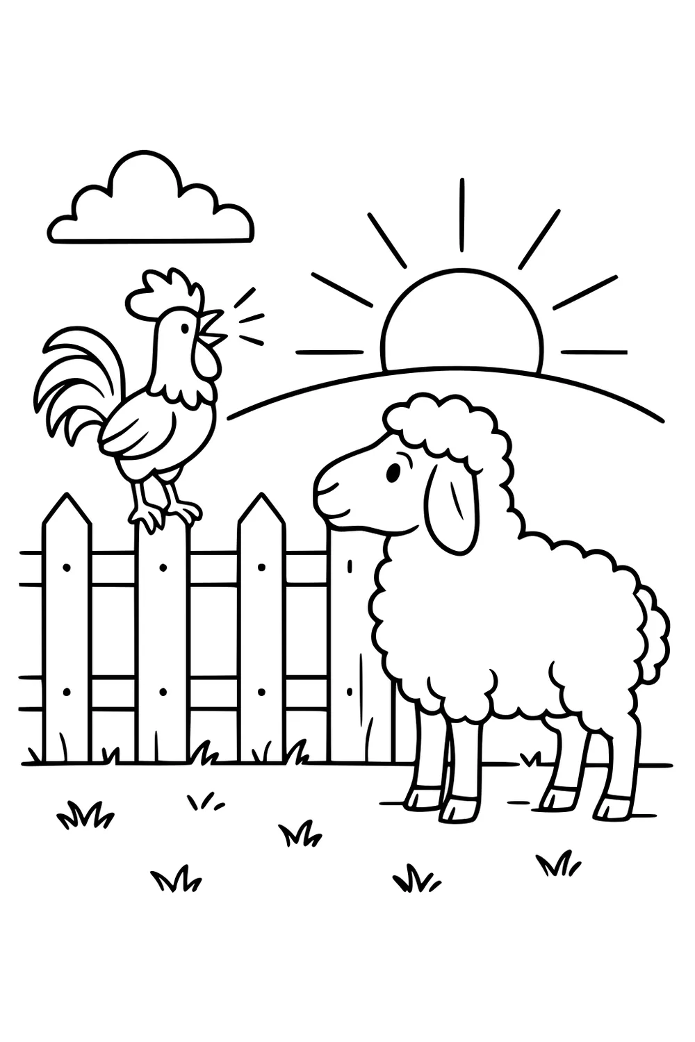 Sheep on grass facing a rooster on a fence. Sun rises behind a hill with a cloud in the sky.