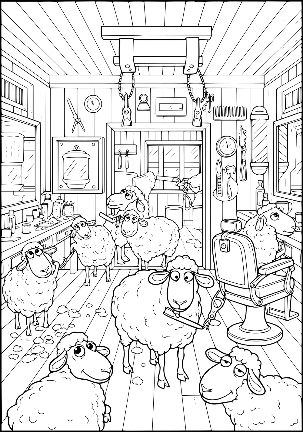 Sheep inside a wooden barbershop surrounded by mirrors, barber chairs, tools, and wool clippings on the floor.