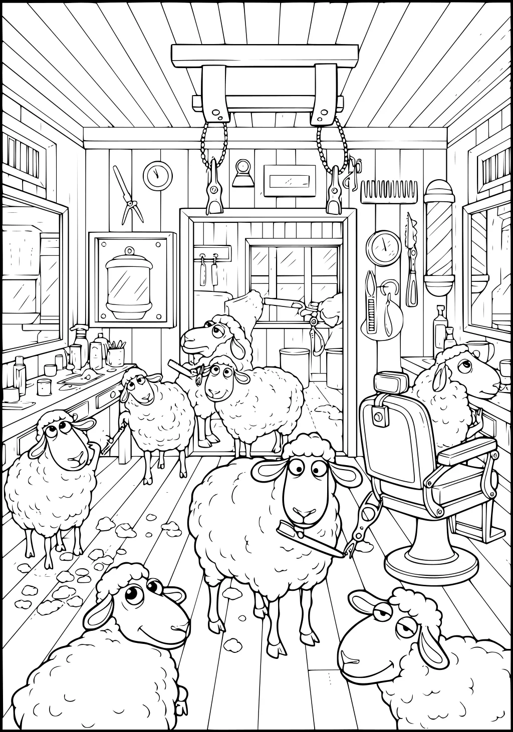 Sheep inside a wooden barbershop surrounded by mirrors, barber chairs, tools, and wool clippings on the floor.