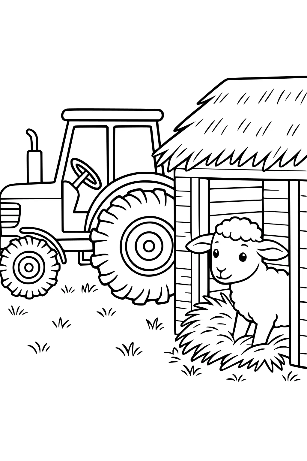 Sheep inside a barn with straw on the ground and a tractor parked nearby on the grass.