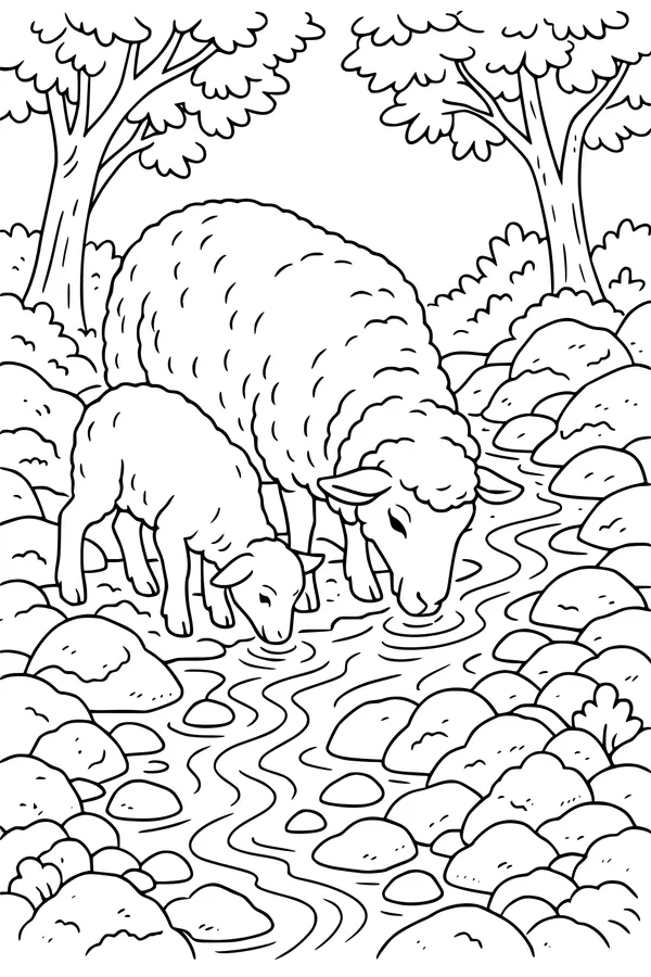 Sipping Stream with Sheep and Lamb