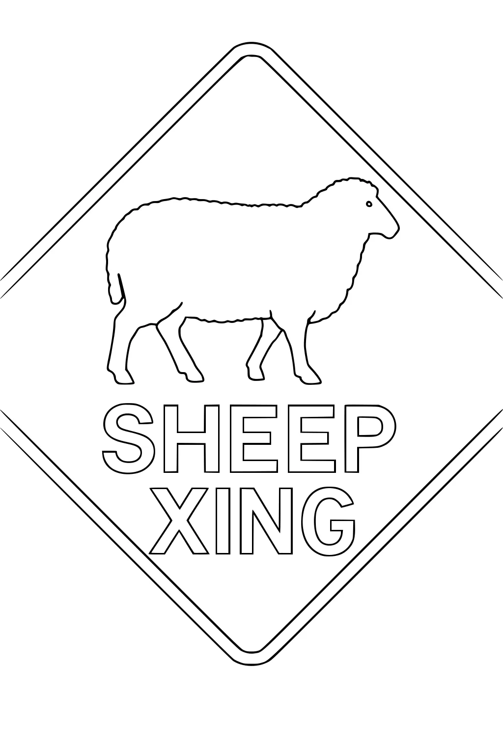 Outline of diamond street sign with a sheep walking above the words SHEEP XING.