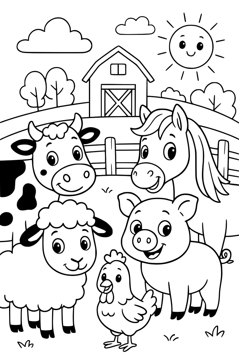 Farm animals including a sheep, cow, horse, pig, and chicken standing together near a barn, with a smiling sun and clouds above.