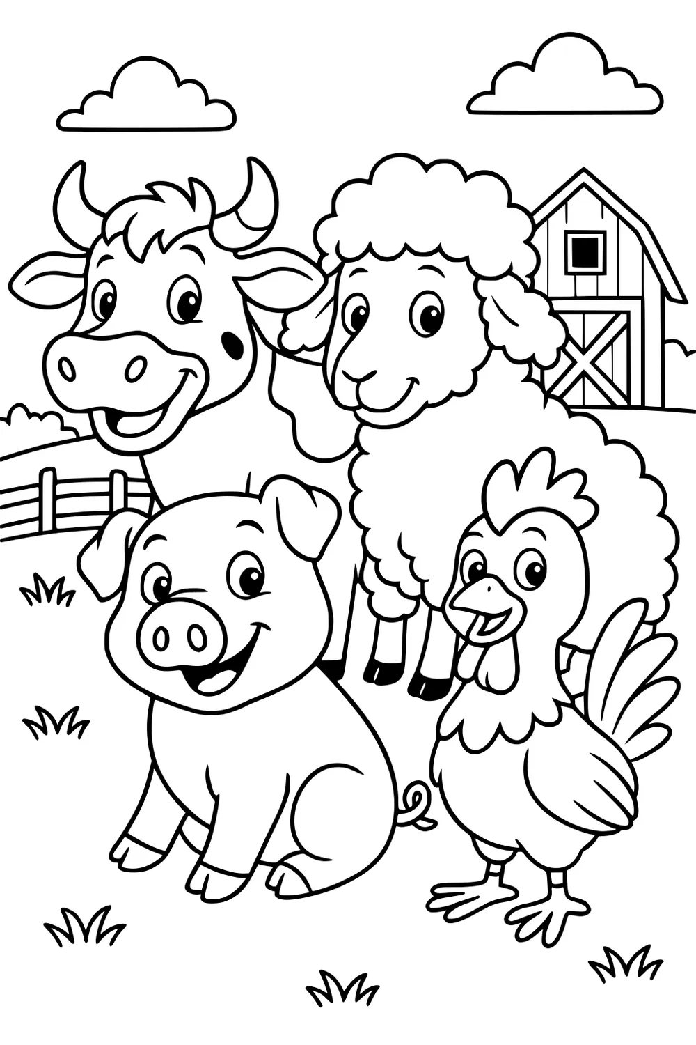 Smiling horse, piglet, lamb, and chicken in a sunny farmyard with barn and silo behind them.