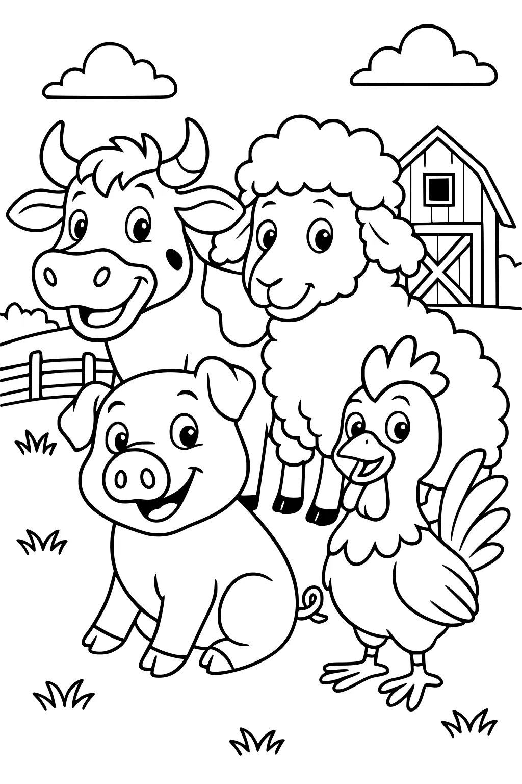 Barnyard scene with happy sheep, cow, pig, and rooster in front of a barn, with fence, grass tufts, and two clouds overhead.