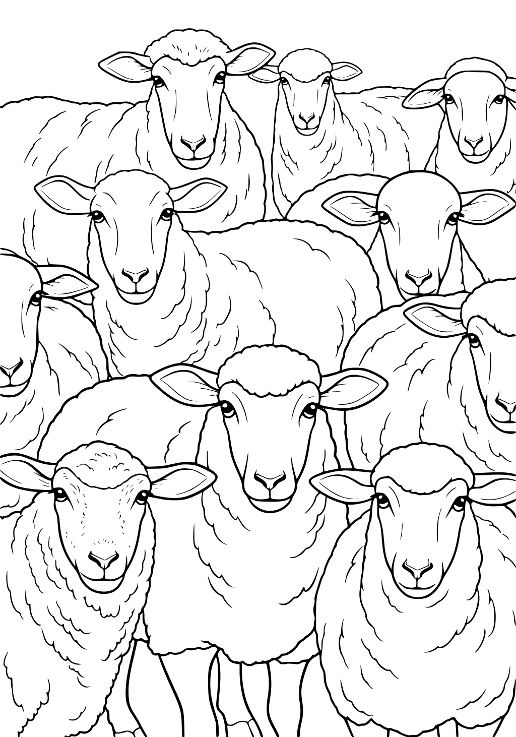 Several sheep stand close together, filling the page, with detailed faces, ears, and textured wool.