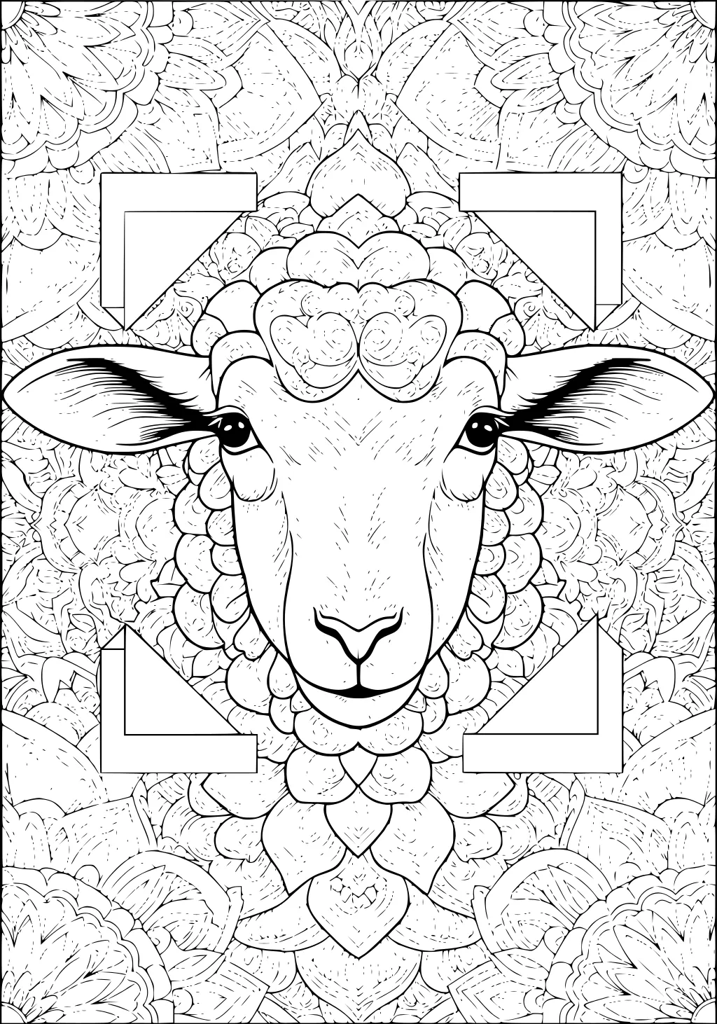 Intricate sheep head with curly fleece, large ears, and ornate floral mandala patterns in the background.
