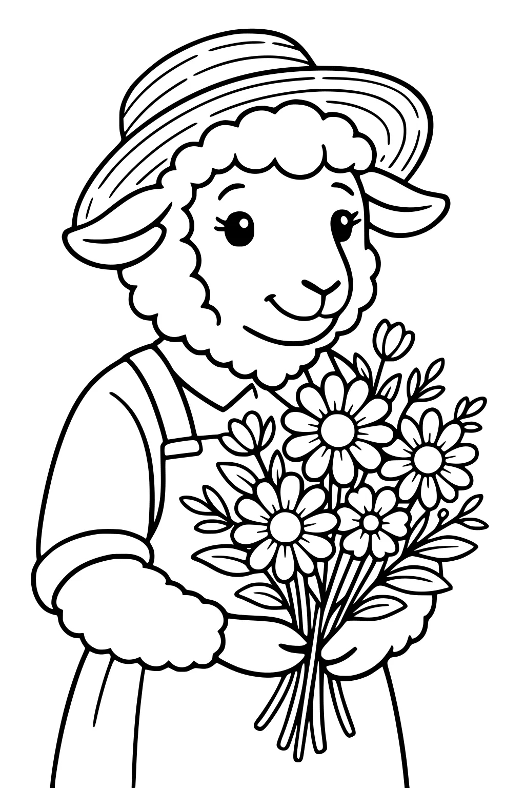 Sheep in a straw hat and overalls, smiling while holding a bouquet of daisies and flowers.