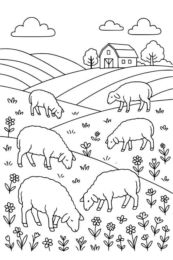 Sheep Grazing in the Flower Fields