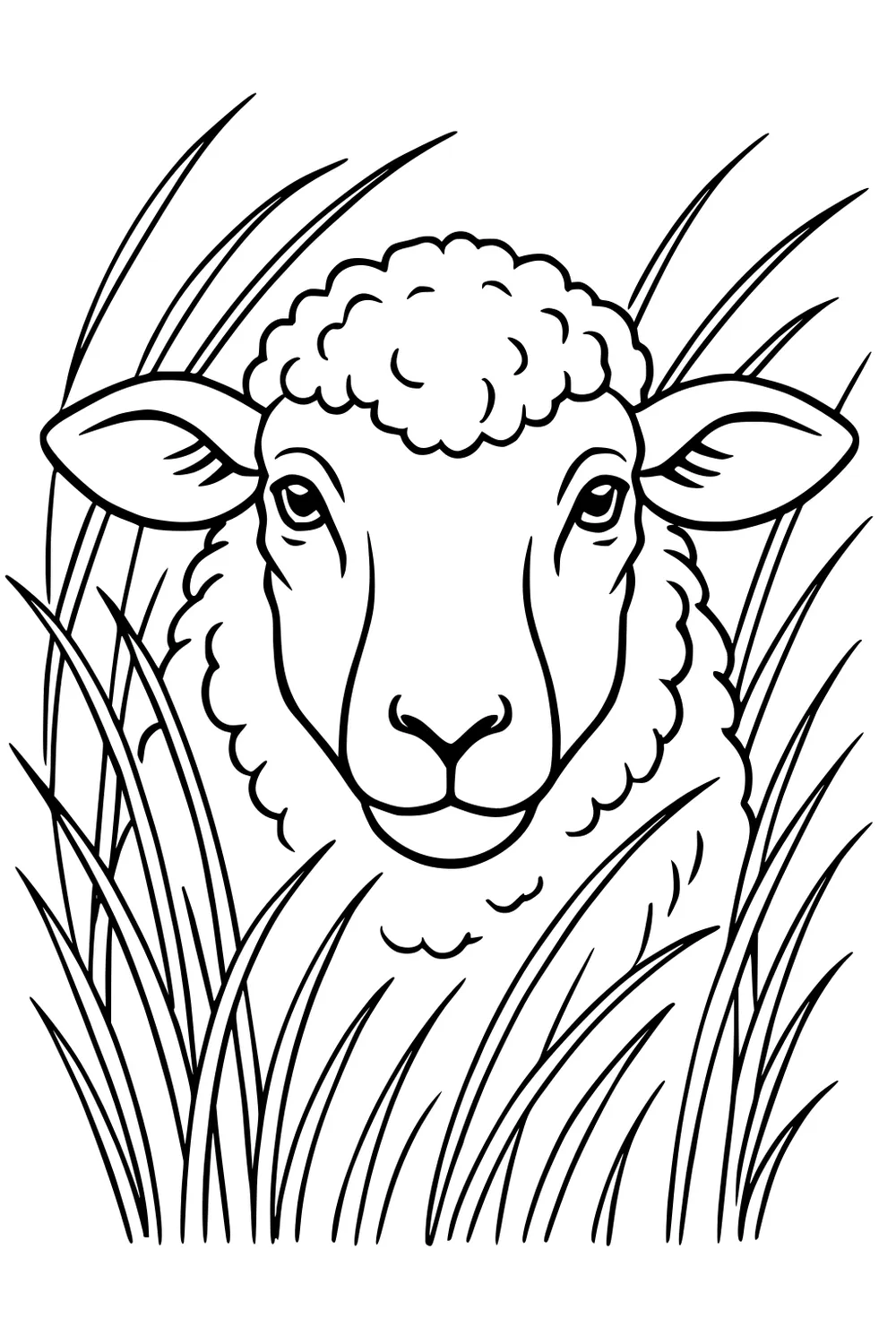 A sheep with curly fleece faces forward in tall grass with visible ears and gentle eyes.