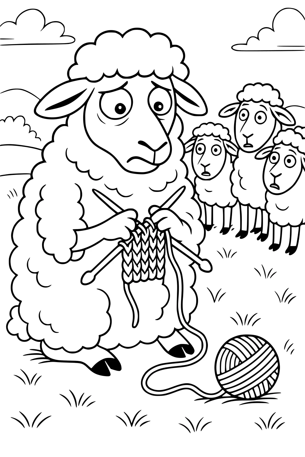 Main sheep knitting with a ball of yarn, three other sheep watch in a hilly grassy field, clouds in the sky.