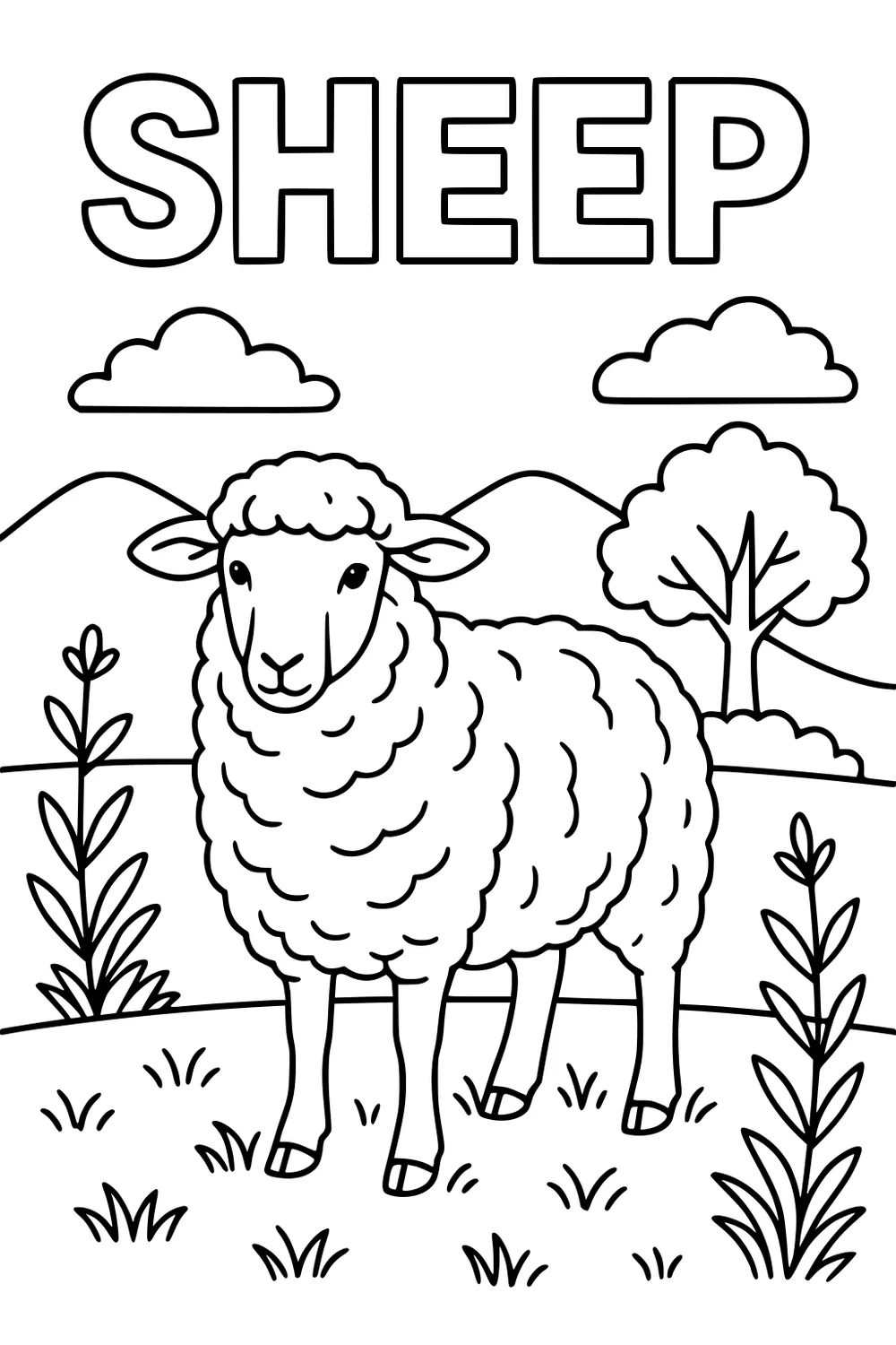 Sheep with curly wool standing in grass, with hills, trees, and clouds behind. Large 'SHEEP' text above.