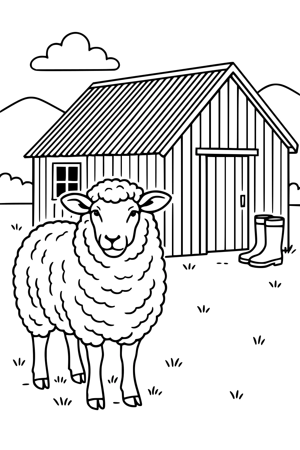 A sheep with curly fleece stands in front of a barn, with boots nearby, grass tufts, hills, and clouds in the background.