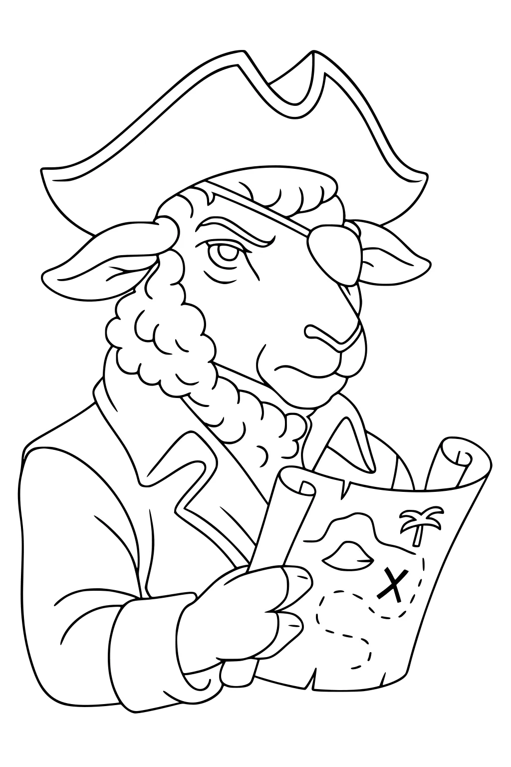 Pirate sheep with eye patch and hat holding a treasure map.