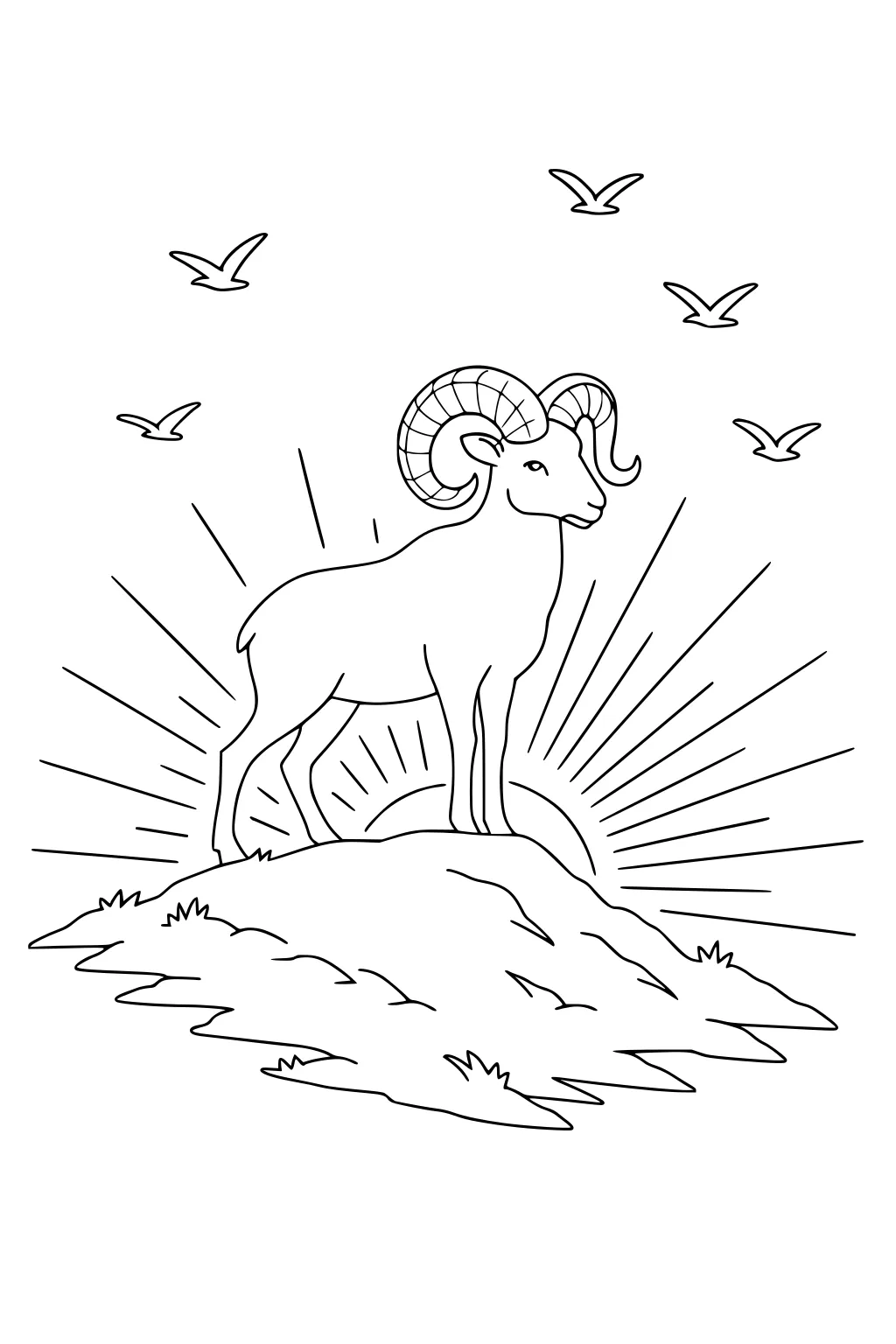 A ram with curved horns stands on a grassy hill with sun rays behind and five birds flying in the sky above.