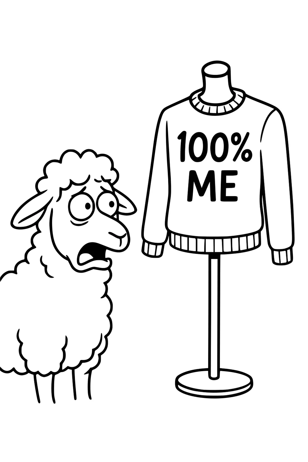 A sheep with a shocked face stares at a mannequin displaying a sweater labeled 100% ME.