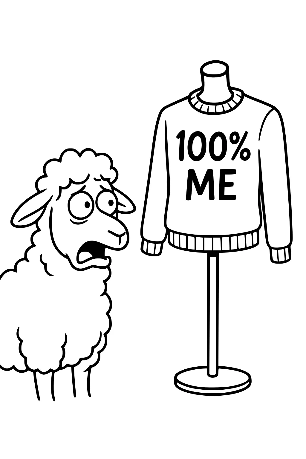 A sheep with a shocked face stares at a mannequin displaying a sweater labeled 100% ME.