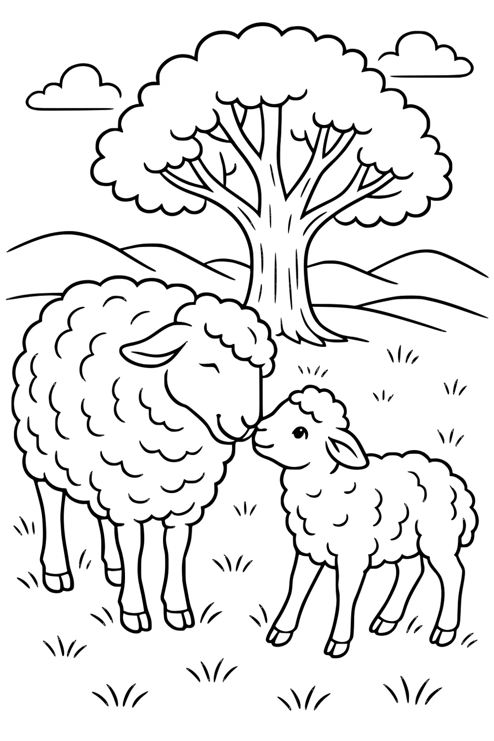 Two woolly sheep nuzzle in a field with a large tree, rolling hills, tufts of grass, and fluffy clouds in the sky.
