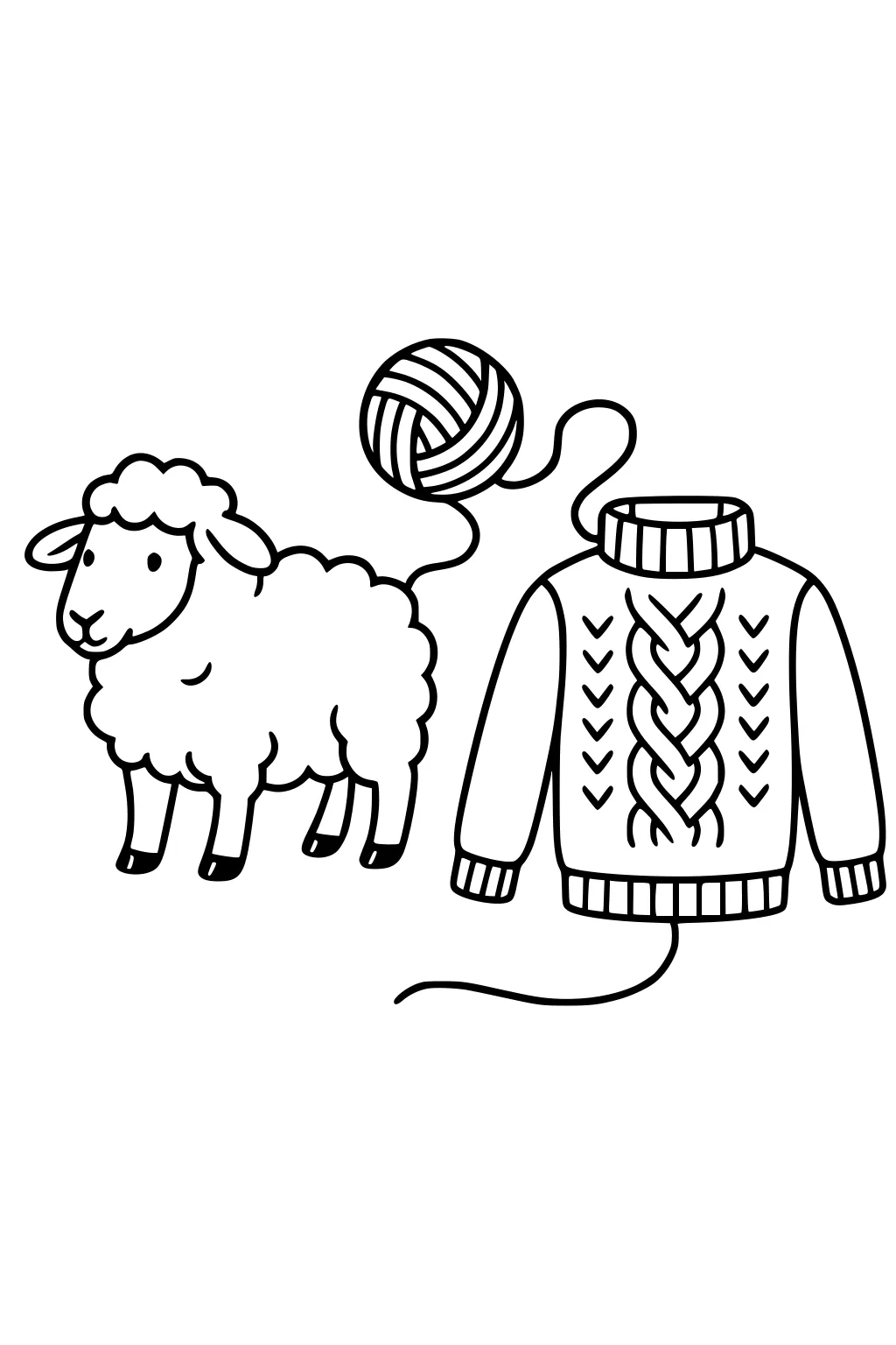 Fluffy sheep next to a ball of yarn and a braided wool sweater drawn in simple lines.