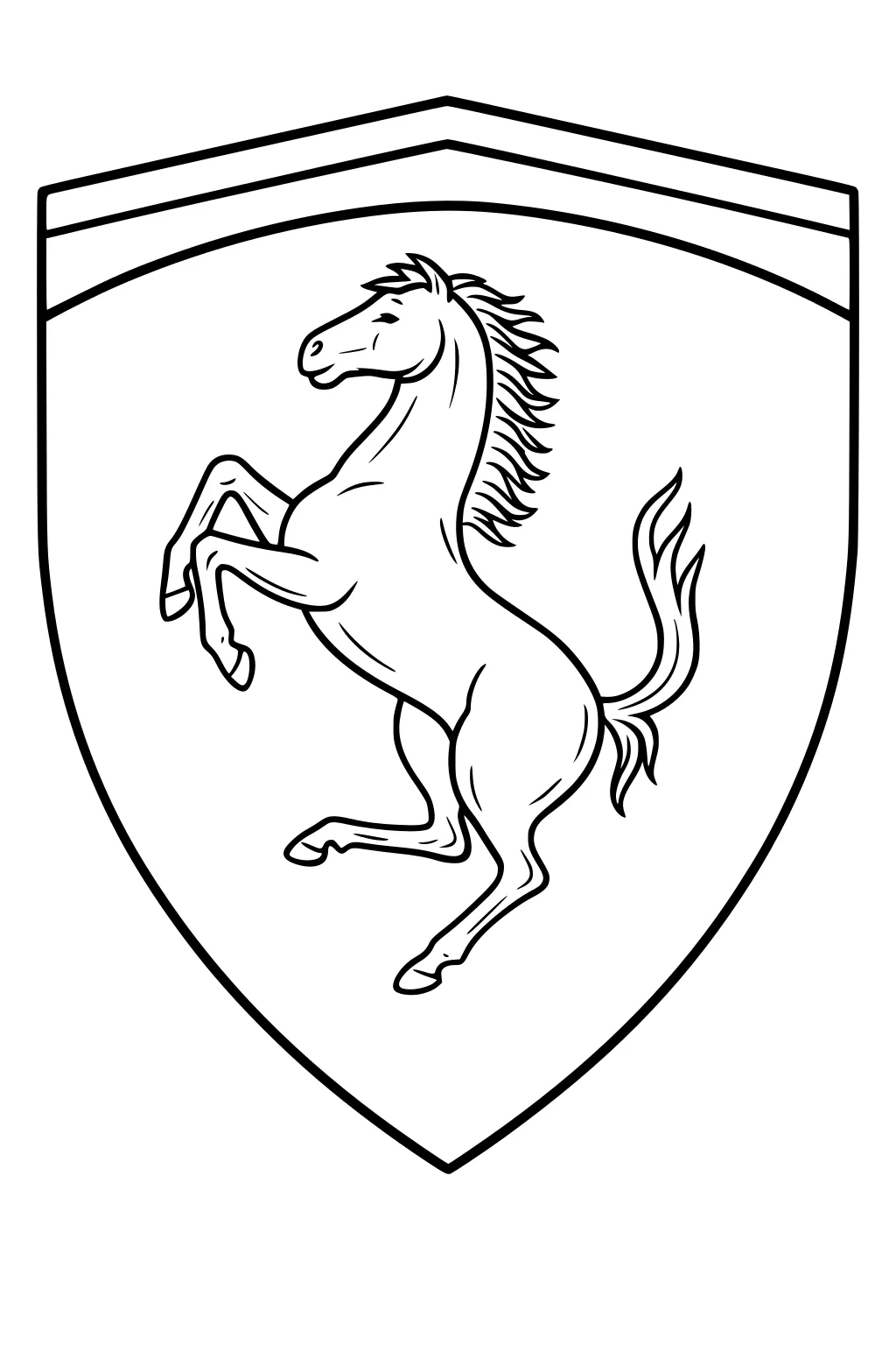 Outline drawing of a rearing horse with a spiky mane inside a large shield with two stripes at the top.