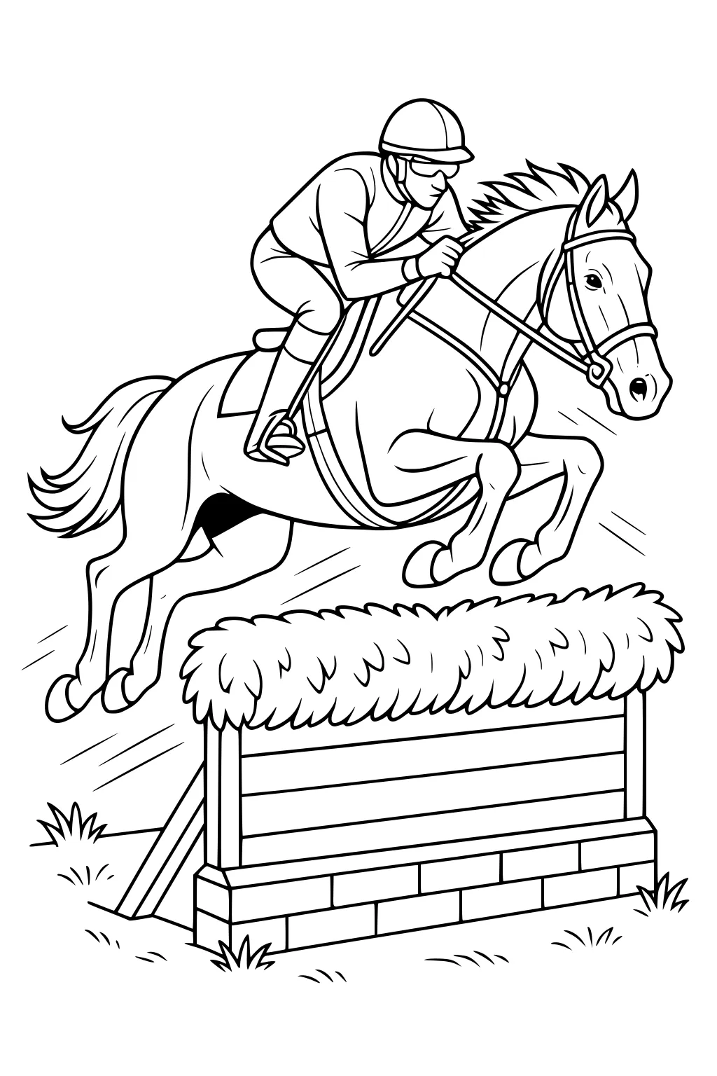 Horse with boy rider jumps over a tall fence with grass and brick base. Rider wears a helmet and leans forward.