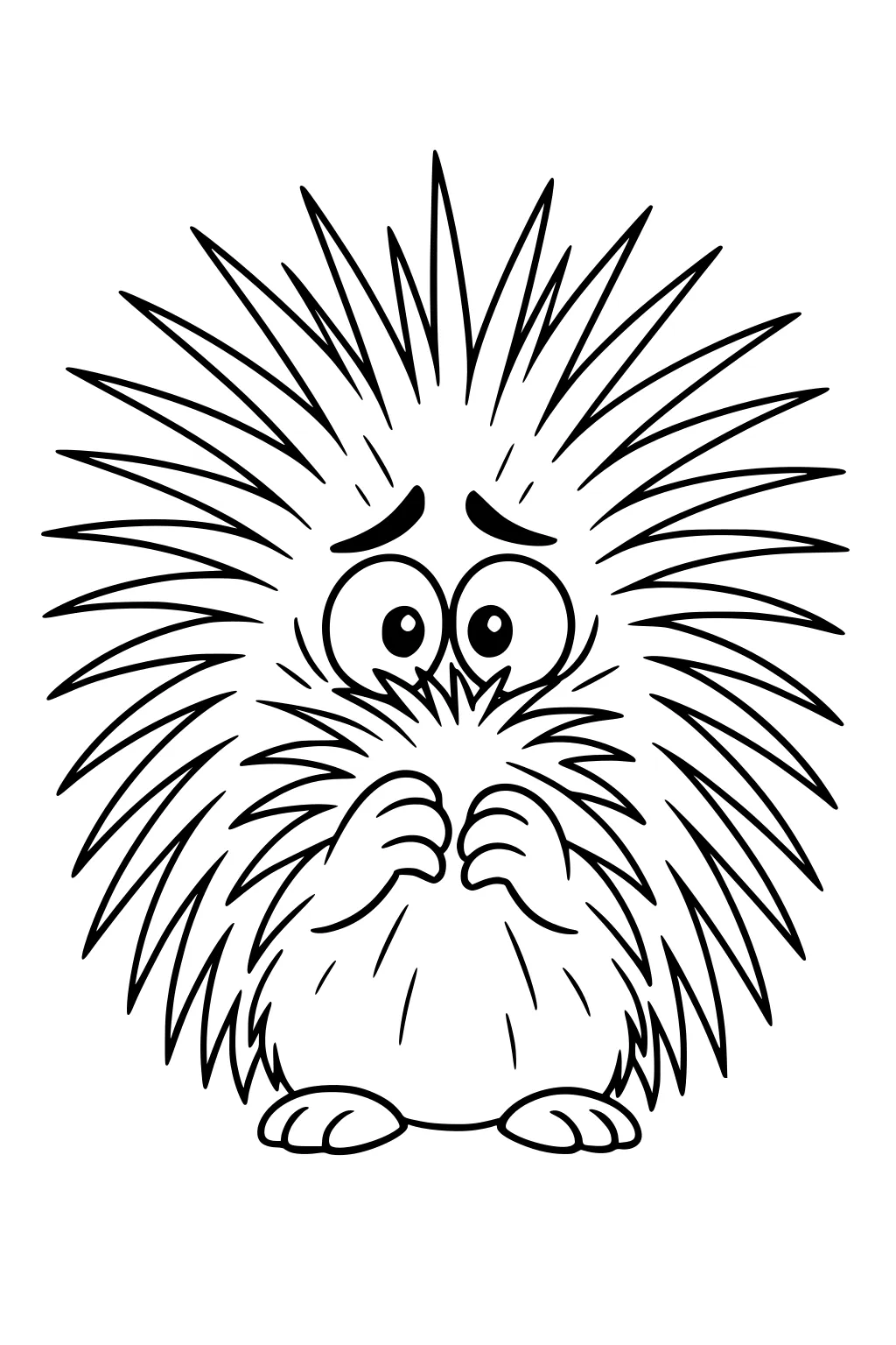 Cartoon porcupine with large eyes, small paws near mouth, surrounded by long, spiky quills and standing on two feet.
