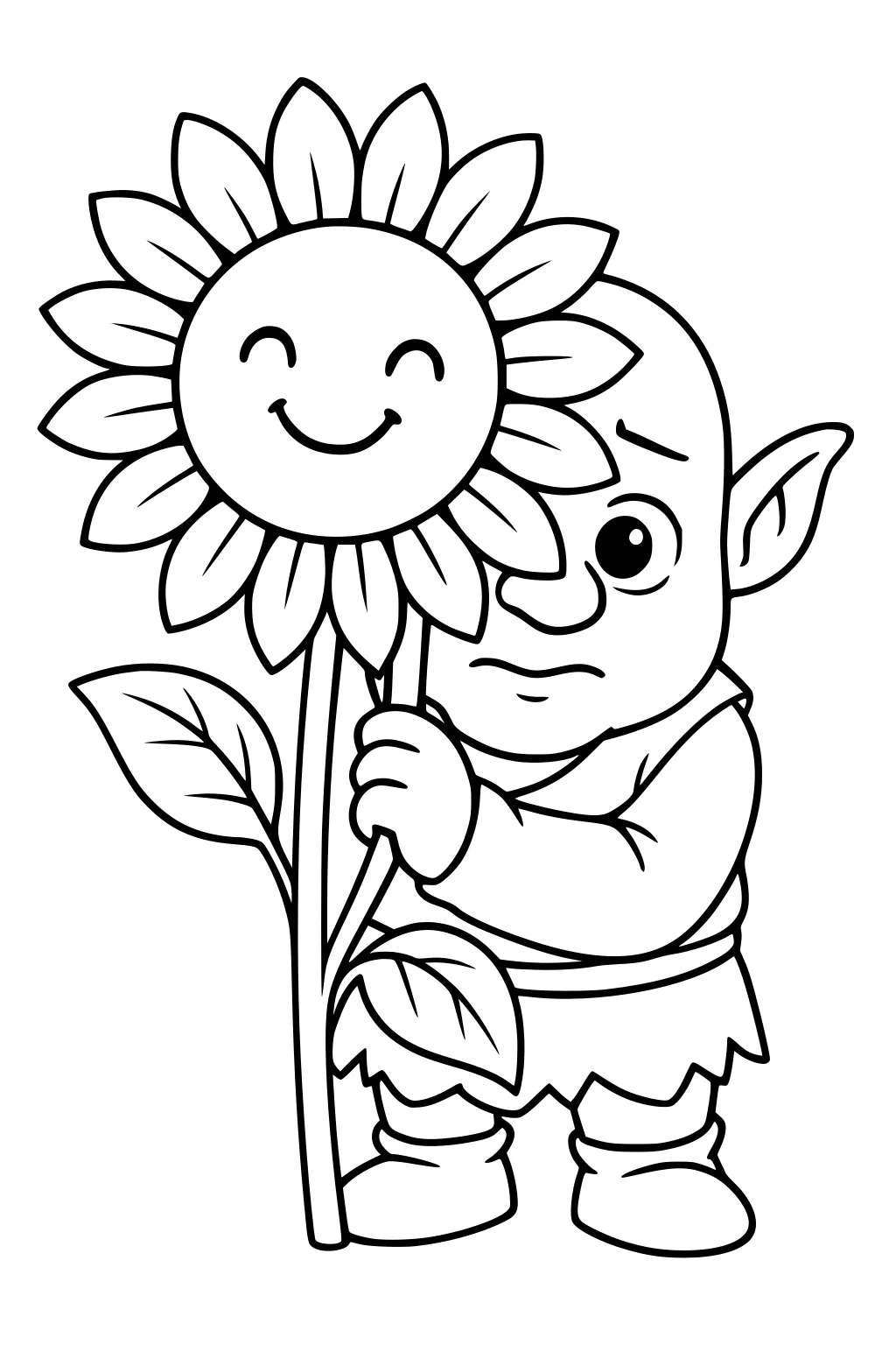 Cartoon ogre boy holds a tall smiling-faced sunflower, peeking from behind petals, wearing a simple tunic and boots.